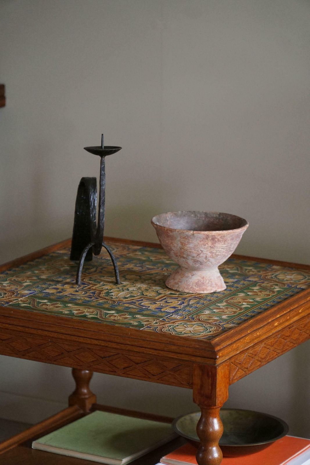Danish Modern, Serving Table With Bobbin Turned Legs & Colorful Tiles, 1950s photo Furniture