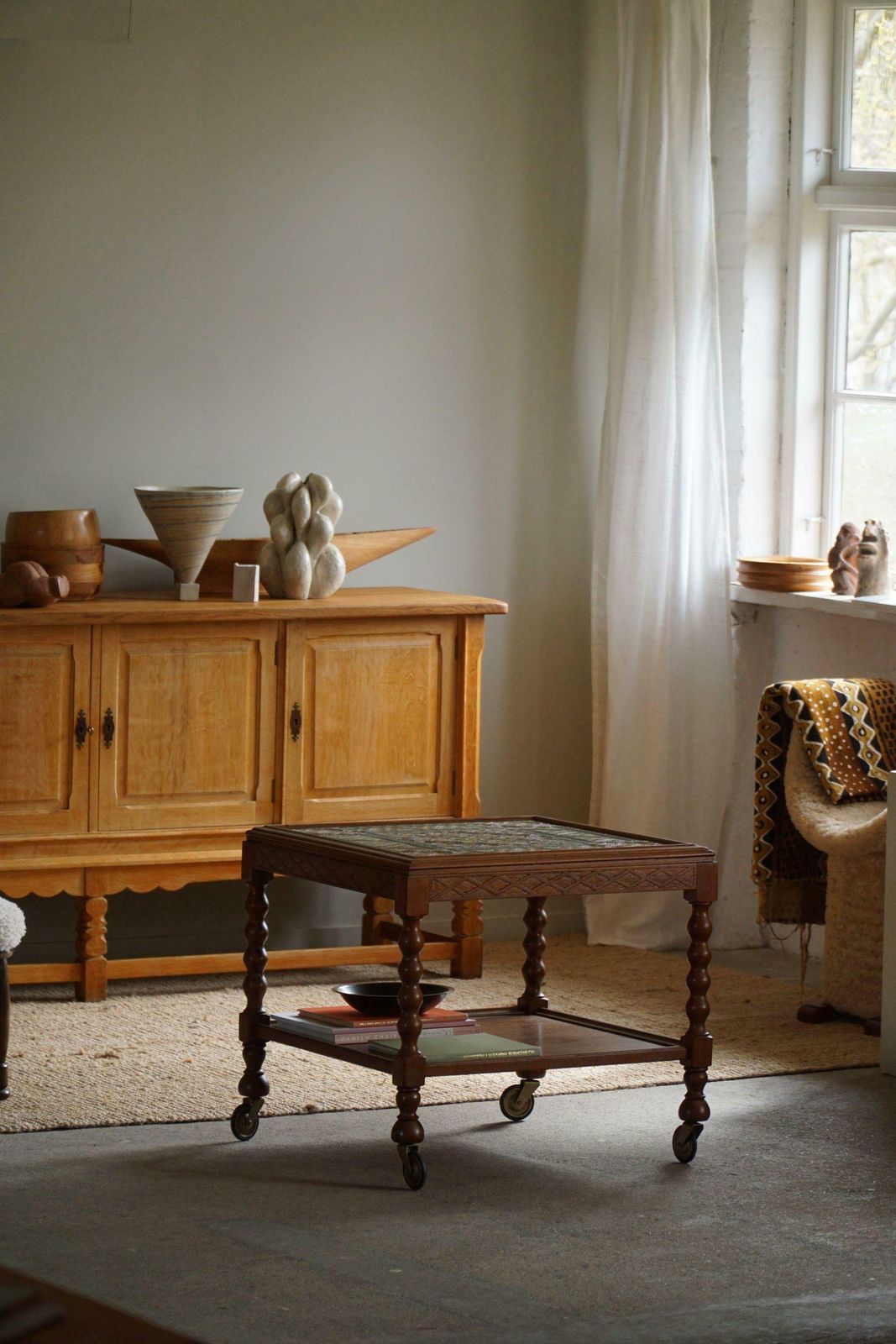 Danish Modern, Serving Table With Bobbin Turned Legs & Colorful Tiles, 1950s photo vinterior