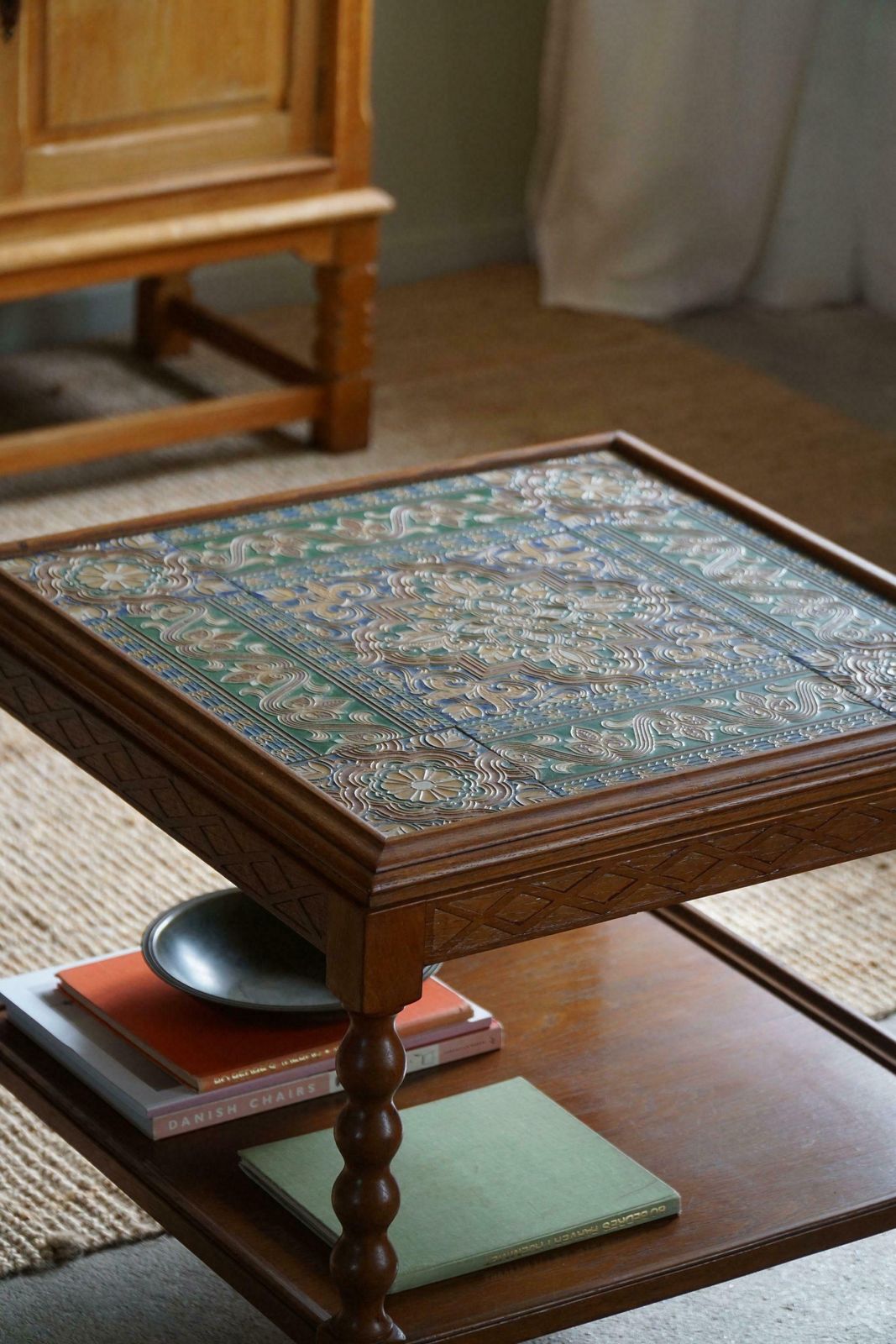 Danish Modern, Serving Table With Bobbin Turned Legs & Colorful Tiles, 1950s photo buy