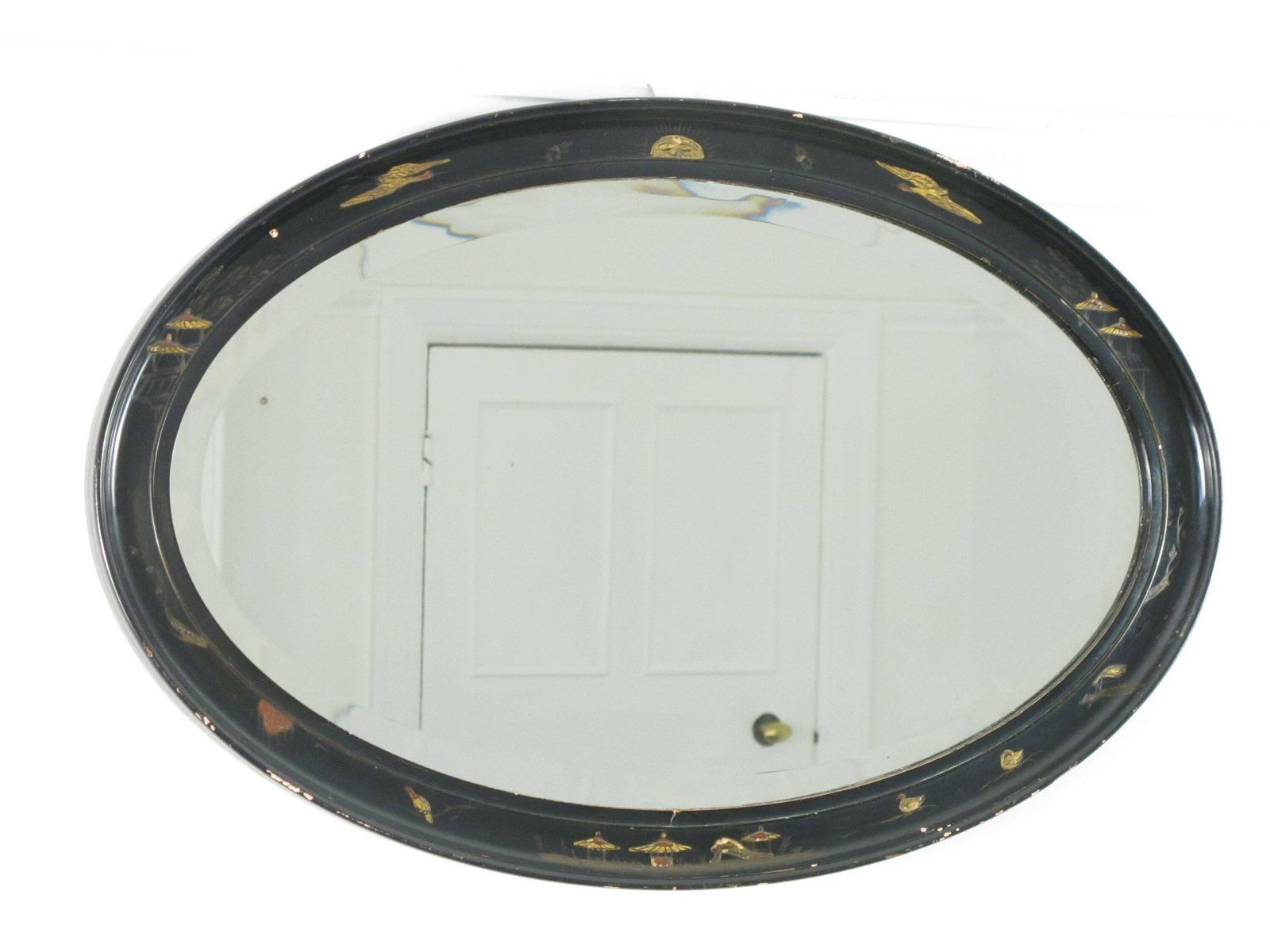 Victorian Chinoiserie Lacquered Wall Mirror. Large, Oval With Deep Bevelled Edge. Ready To Hang On New Chain photo for sale