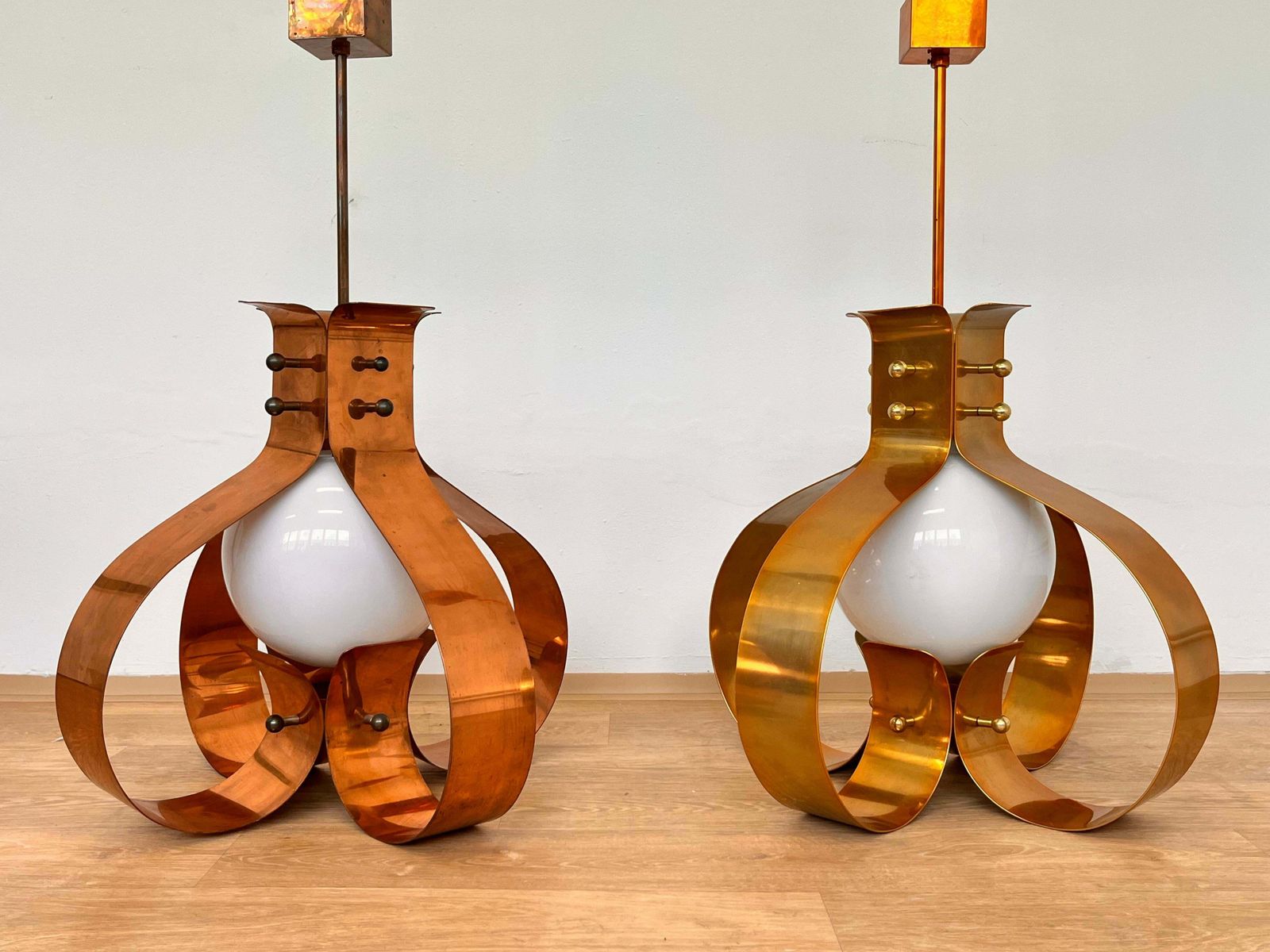 Xxl Pair Of Design Mid Century Large Brass Pendants Chandeliers 1980s photo 5043.0