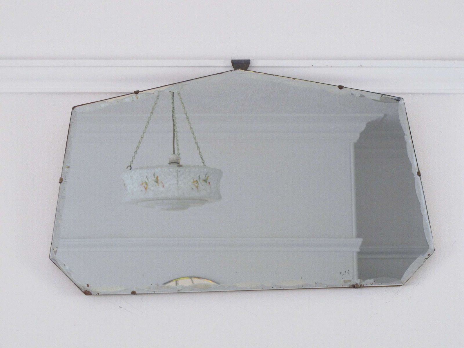 Frameless Art Deco 7 Sided Mirror. Fancy Bevelled Edge. Ready To Hang On New Chain. 1950s photo furniture