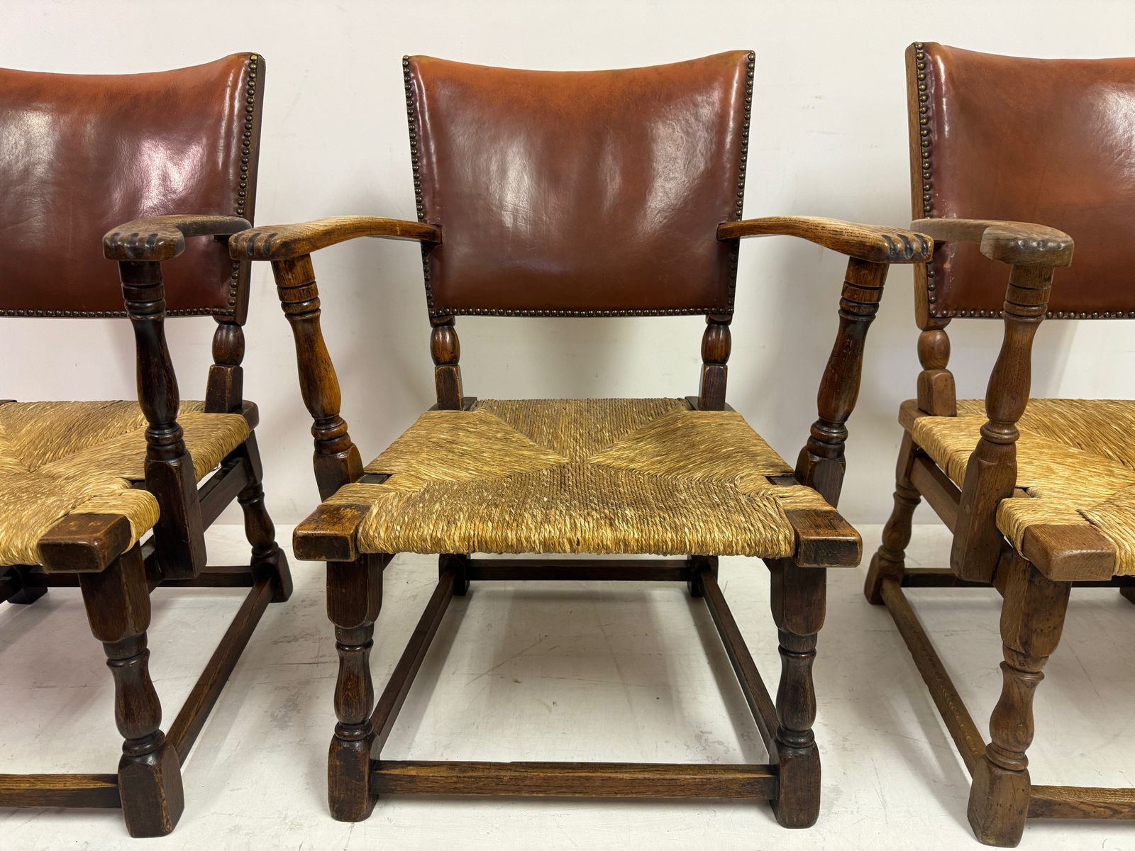 Set Of Three Oak Armchairs With Rush And Leather Seats photo Furniture