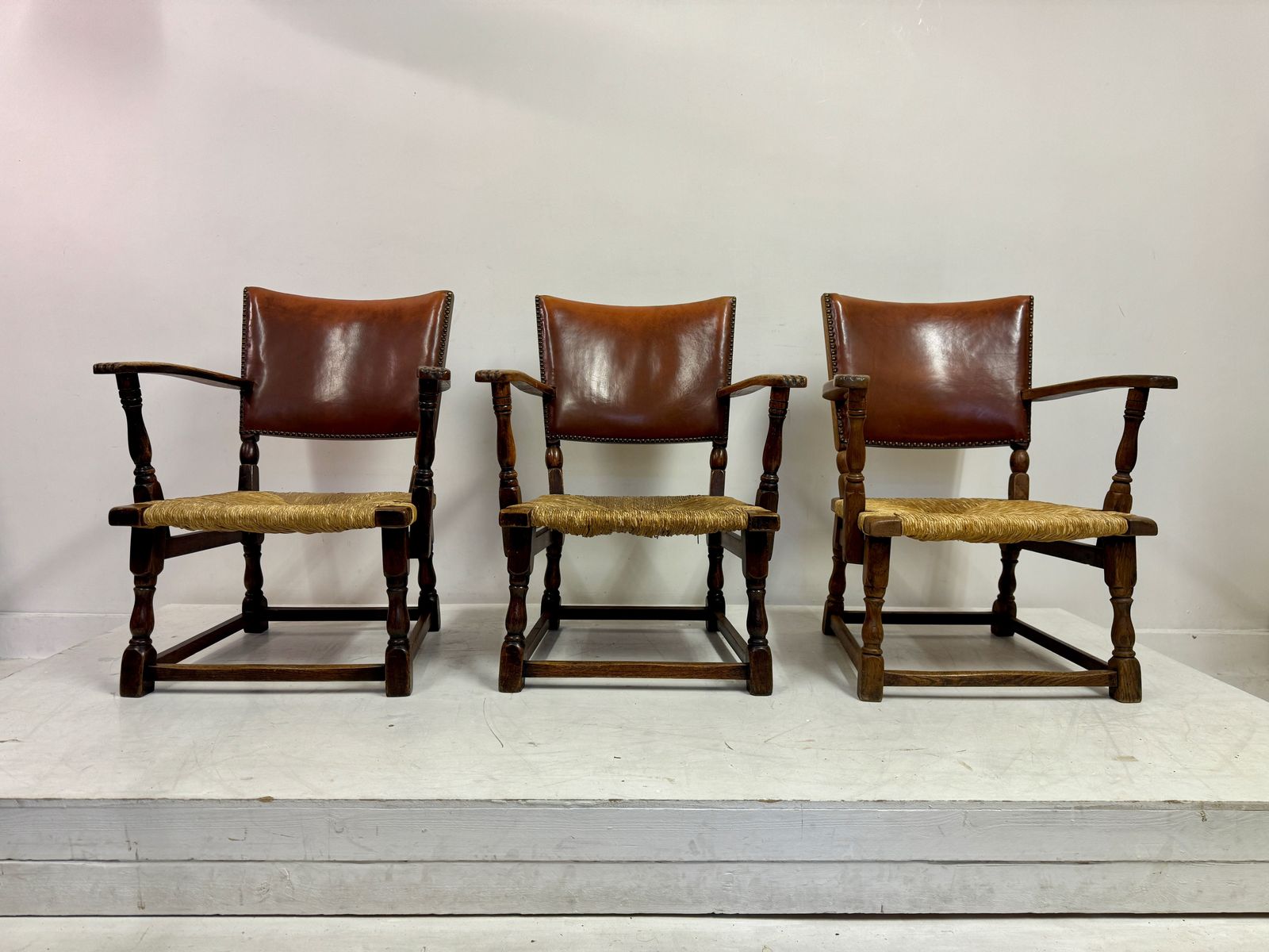 Set Of Three Oak Armchairs With Rush And Leather Seats photo 1195.0