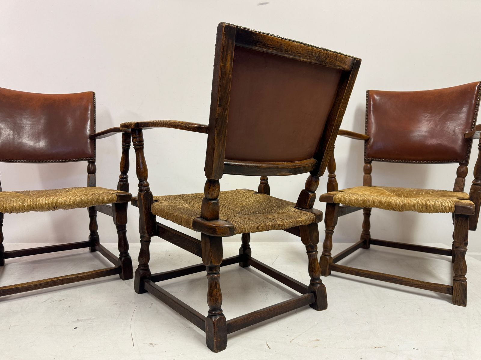 Set Of Three Oak Armchairs With Rush And Leather Seats photo vintage