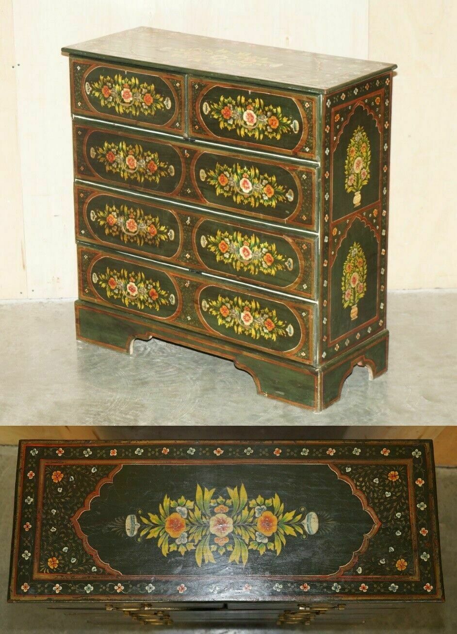 Antique Swedish Hand Painted Green Floral Two Over Three Chest Of Drawers