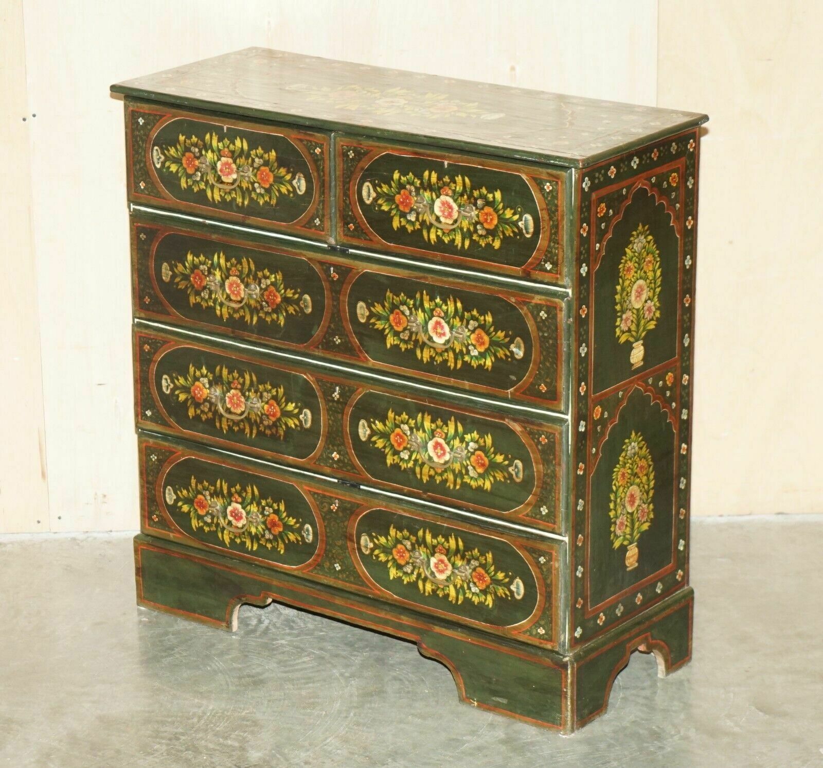 Antique Swedish Hand Painted Green Floral Two Over Three Chest Of Drawers photo furniture