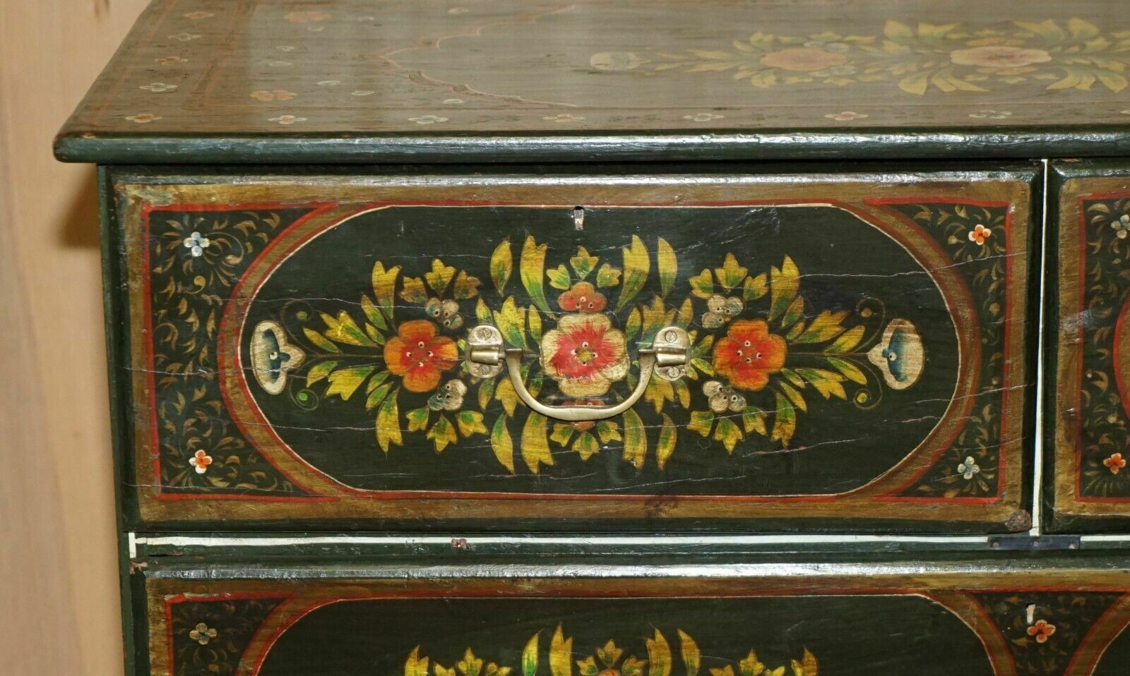 Antique Swedish Hand Painted Green Floral Two Over Three Chest Of Drawers photo vintage