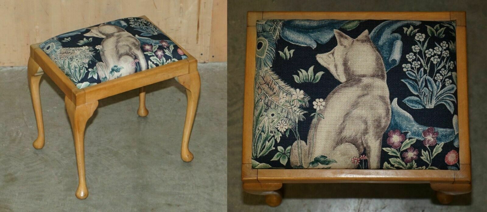 Circa 1930's English Walnut William Morris Forest Linen Dressing Table Stool