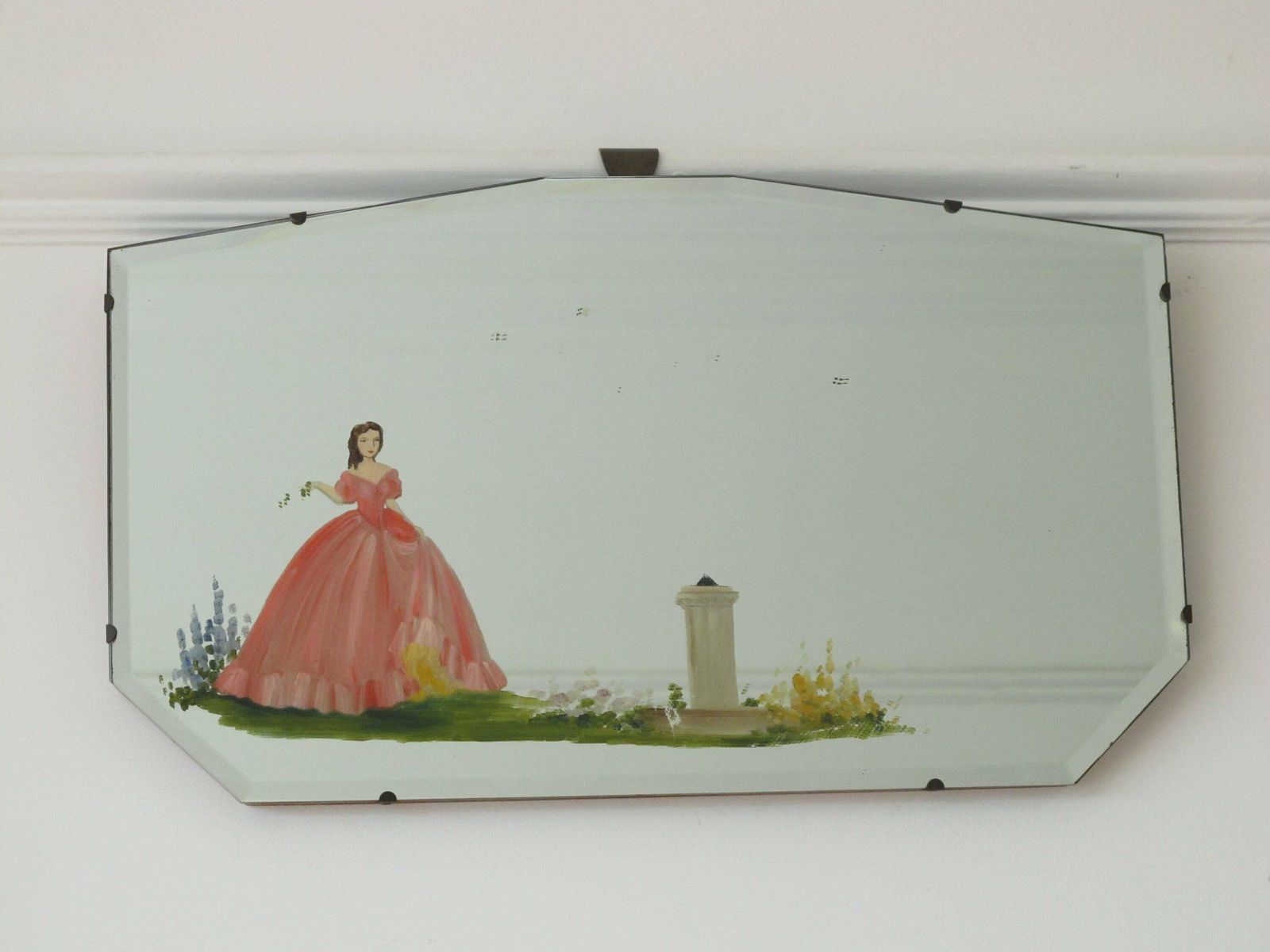 Fabulous Painted Crinoline Lady, Bevelled Edge, Frameless Art Deco Mirror. Ready To Hang On New Chain. photo for sale