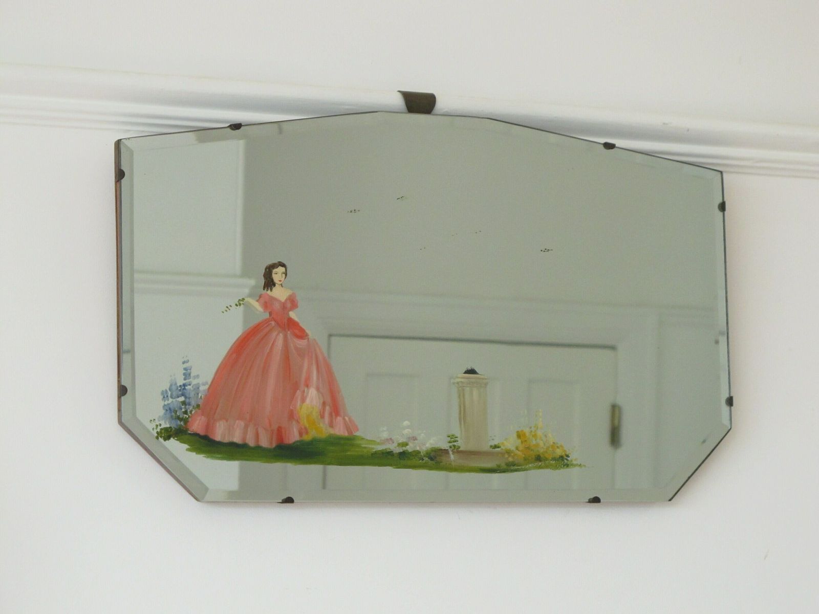 Fabulous Painted Crinoline Lady, Bevelled Edge, Frameless Art Deco Mirror. Ready To Hang On New Chain. photo 85.0