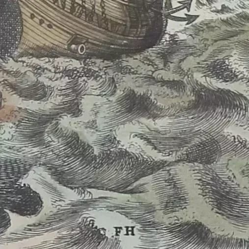 Hand Coloured Print By Frans Huys. Armed Four Master Sailing Towards A Port photo for sale