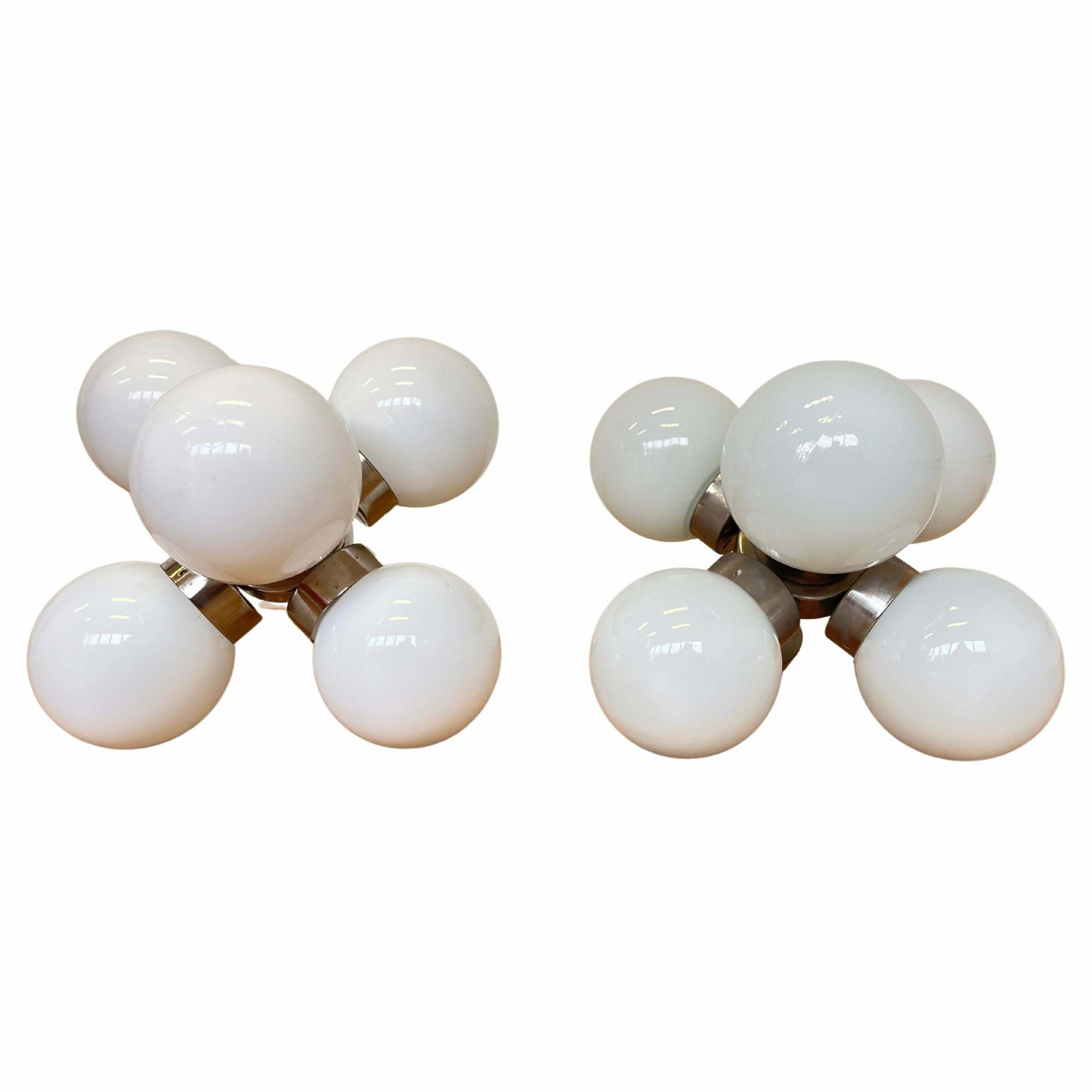 Pair Of Space Age Chrome & Milk Glass Sputniks   Czechoslovakia / 1970s