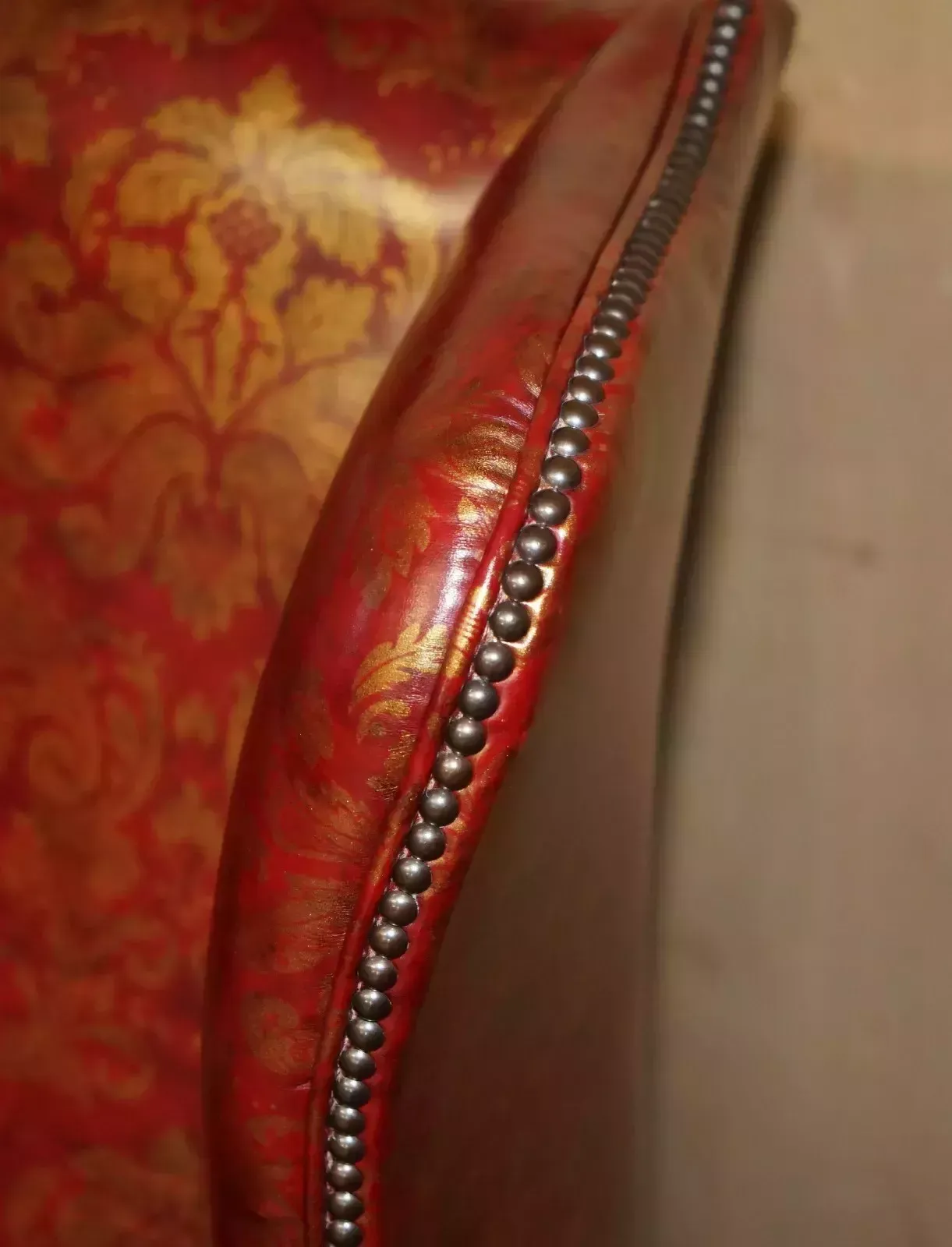Vintage Oxblood Claw & Ball Feet Damask Leather Wingback Armchair & Footstool photo vinterior