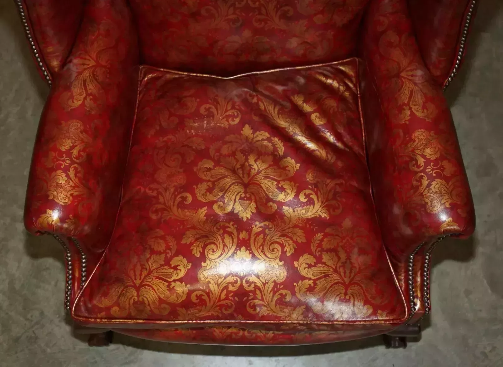 Vintage Oxblood Claw & Ball Feet Damask Leather Wingback Armchair & Footstool photo buy