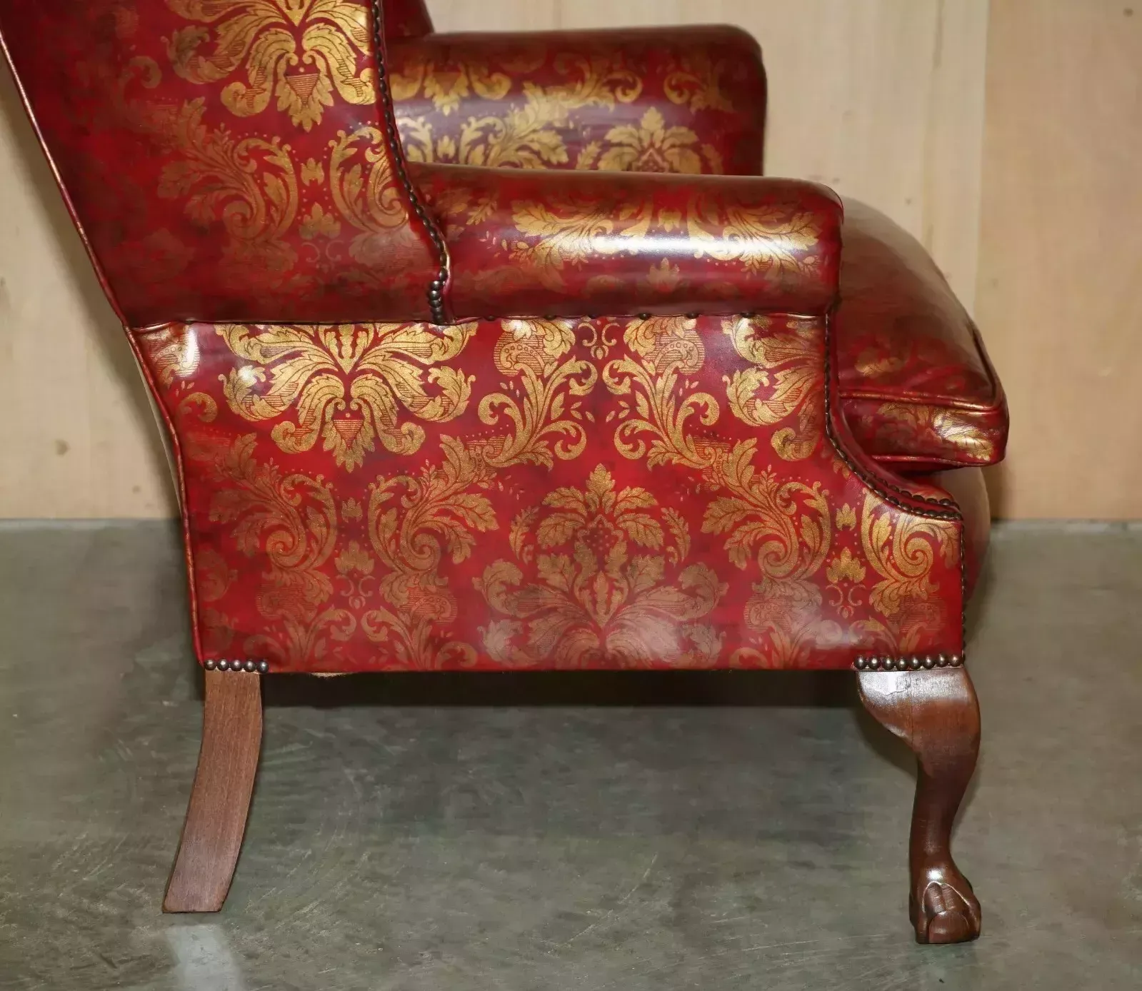 photo vinterior Vintage Oxblood Claw & Ball Feet Damask Leather Wingback Armchair & Footstool