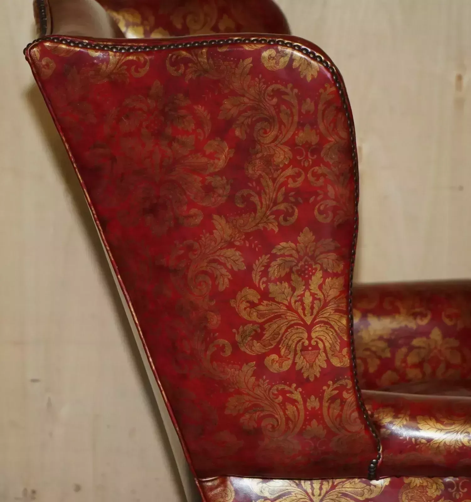 photo buy Vintage Oxblood Claw & Ball Feet Damask Leather Wingback Armchair & Footstool