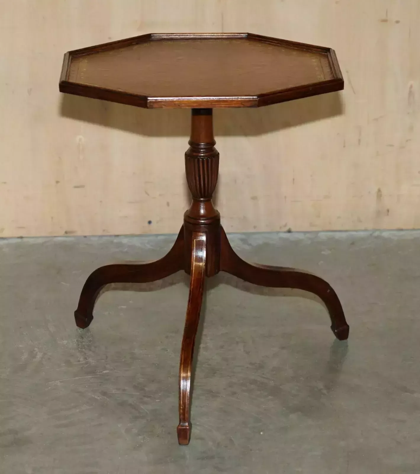 Mahogany Octagonal Brown Leather Gold Leaf Tripod Side End Lamp Wine Table photo for sale