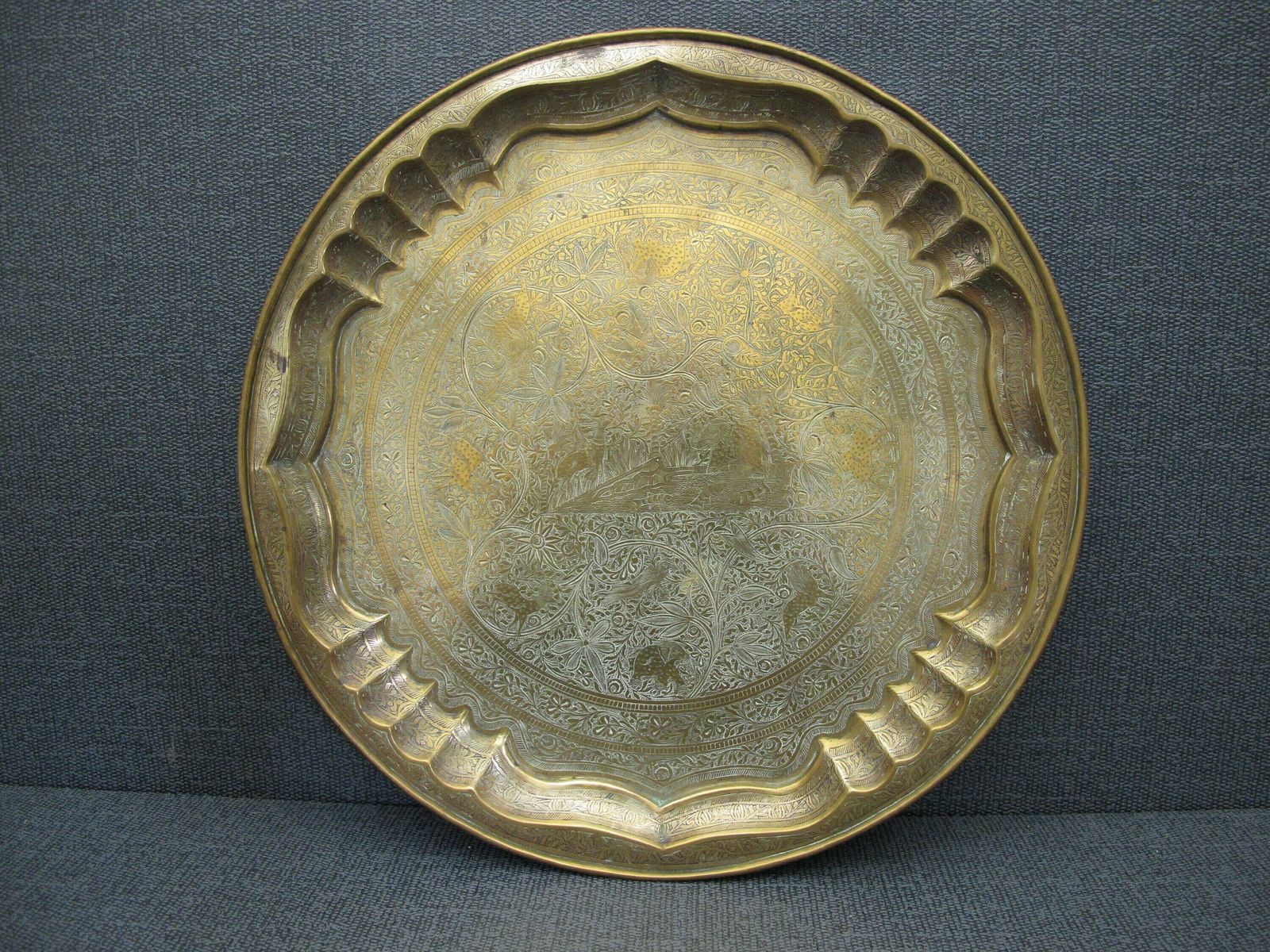 Vintage Brass Tray. Round Tray Decorated With Flowers, Elephants, Deer, Birds And Fish. 14.75 Inches Diameter (37.5cm)