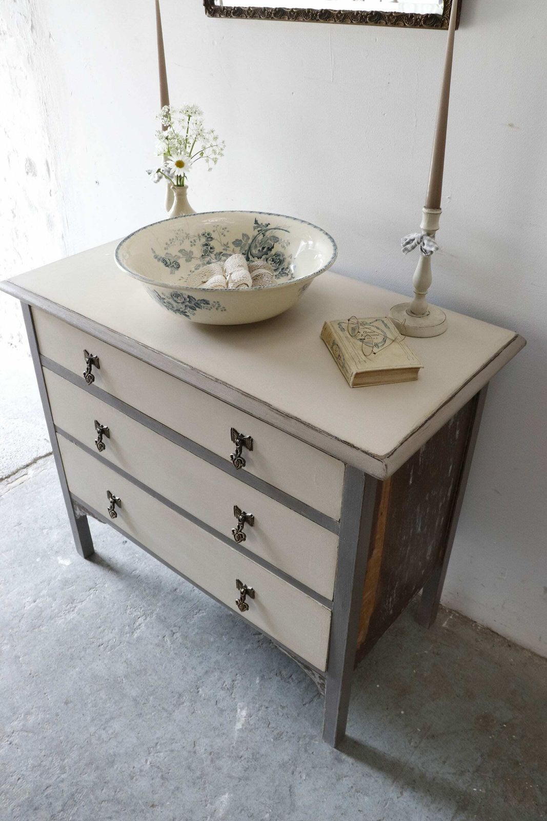 Vintage Three Drawer Painted Washstand Or Chest Of Drawers In Pastille Grey And Stone White photo vinterior