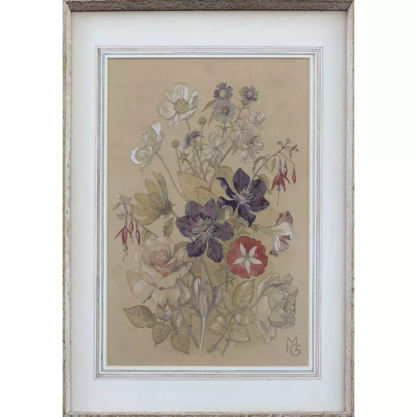 Pencil Sketch With Watercolour And Chalk Highlights By Mg. Bunch Of Flowers