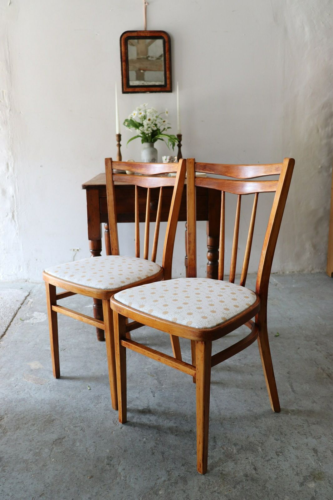 Pair Of Restored 60s Ercol Style Kitchen Chairs With Recovered Daisy Seats photo furniture