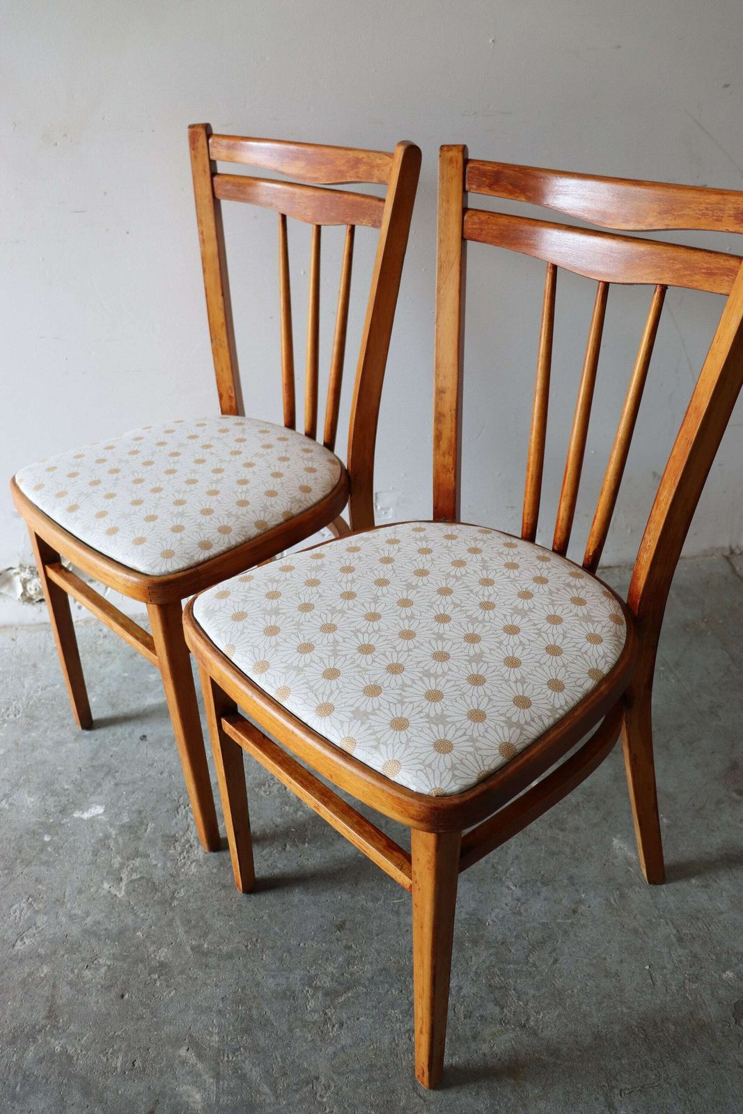 photo for sale Pair Of Restored 60s Ercol Style Kitchen Chairs With Recovered Daisy Seats