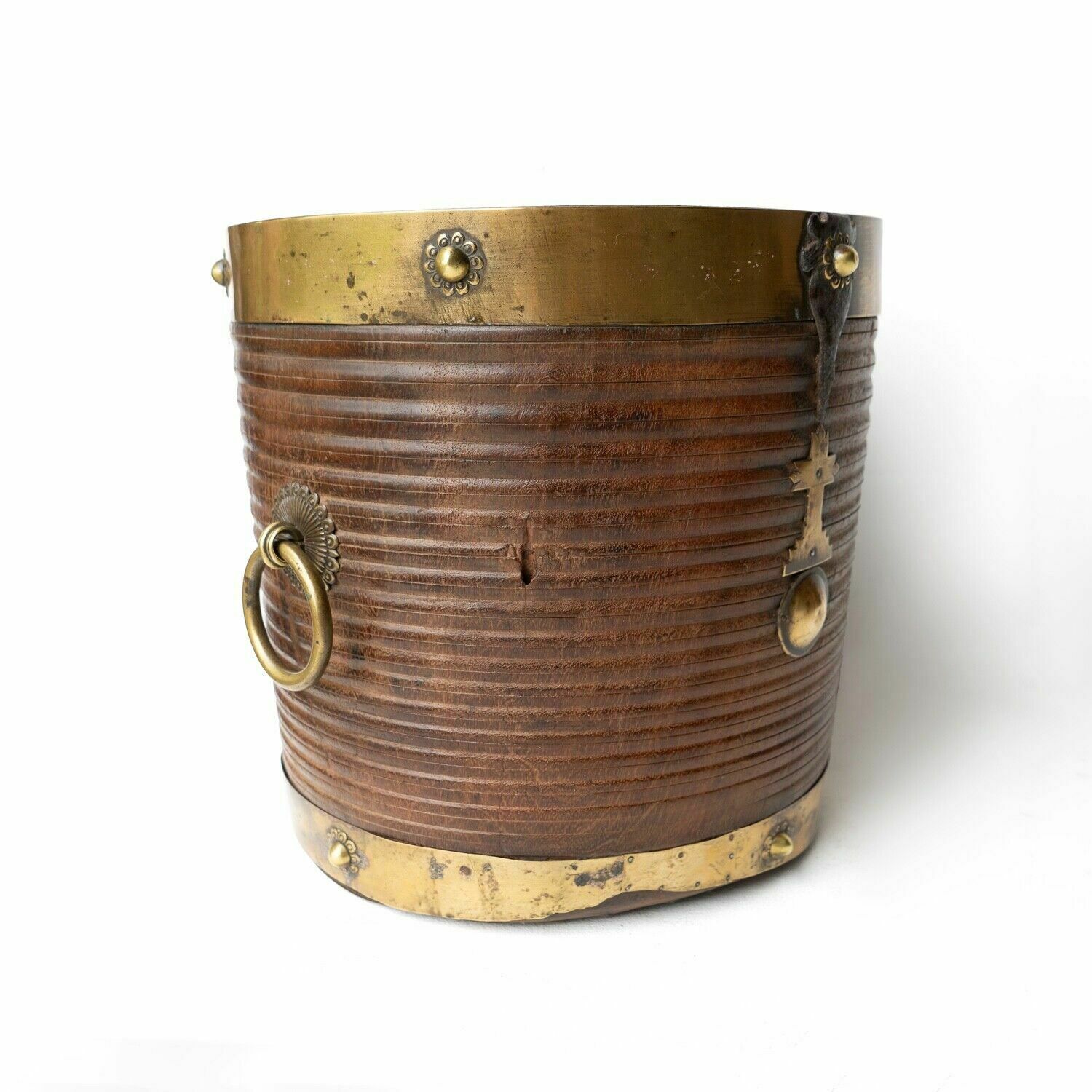 Antique South Indian Teak And Brass Rice Bucket Container, 19th Century photo 180.0