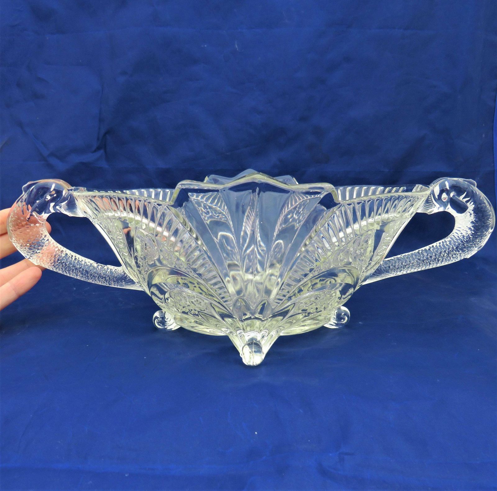 Large Art Deco Brockwitz Fruit Bowl Centrepiece With Dolphin Handles 1930's German Pressed Glass photo for sale