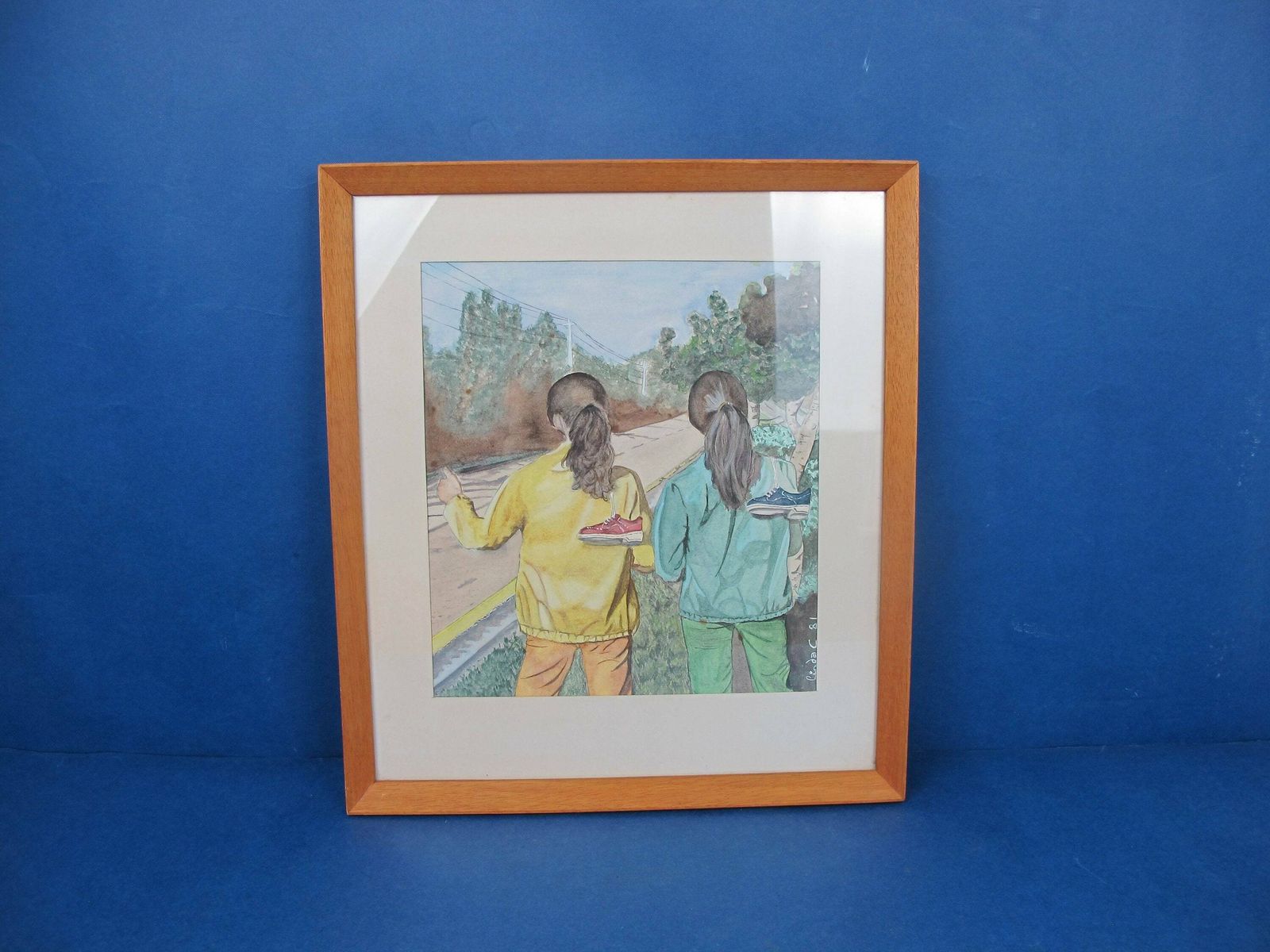Vintage Signed Original Watercolour Painting Of Two Teenage Hitch Hikers. Great Quirky Image From 1981