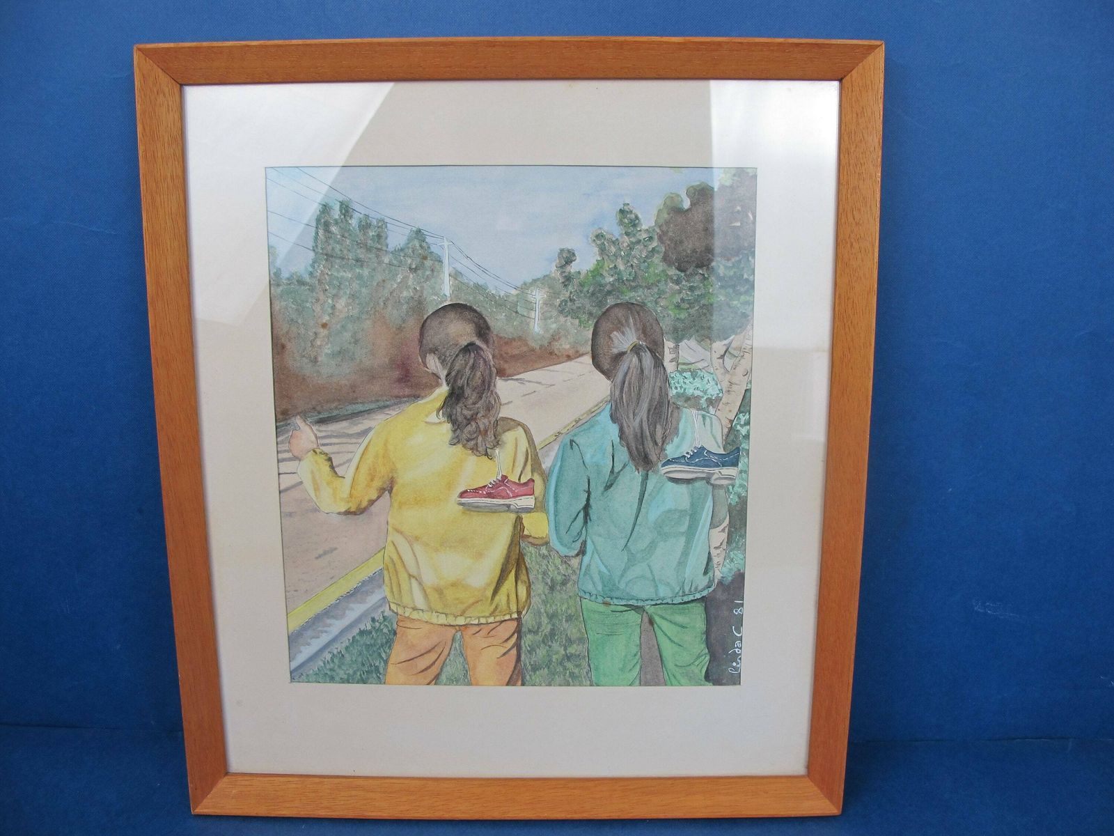 Vintage Signed Original Watercolour Painting Of Two Teenage Hitch Hikers. Great Quirky Image From 1981 photo furniture