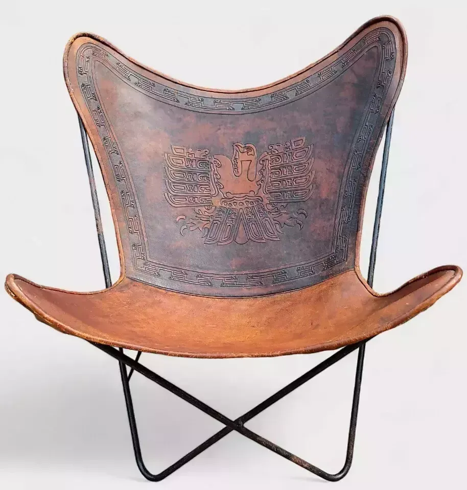 Rare Mid Century South American Tooled Leather Butterfly Chair