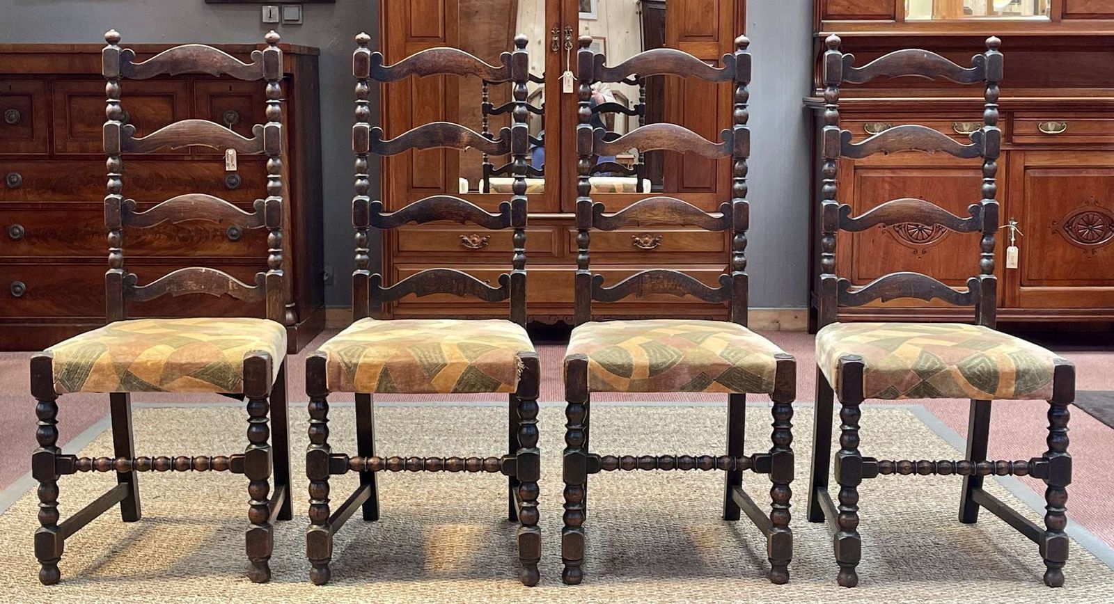 Suite Of 4 Chairs And 2 19th Century English Armchairs In Oak photo for sale