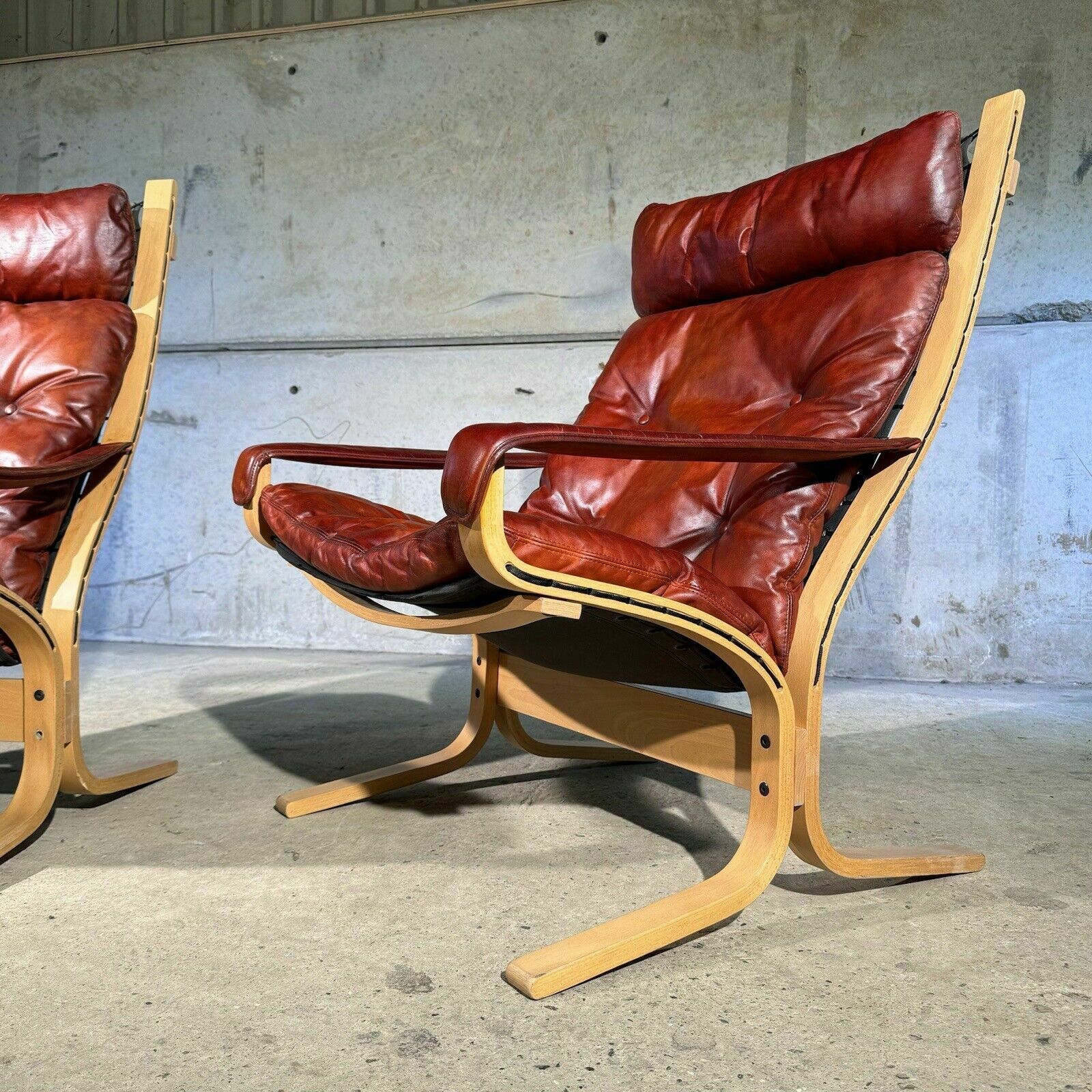( One Sold ) Pair Of Siesta Armchairs & 2 Footstool Cognac Leather Ingmar Relling photo buy