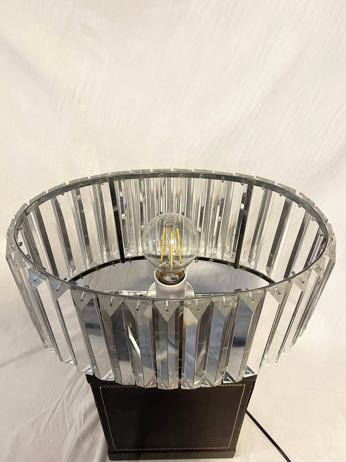 Antique Pair Of Large Crystal Glass Art Deco And Chrome Oval Lampshades photo 199.0