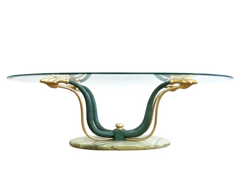 1960s Art Deco Brass Glass And Marble Oval Coffee Table photo buy