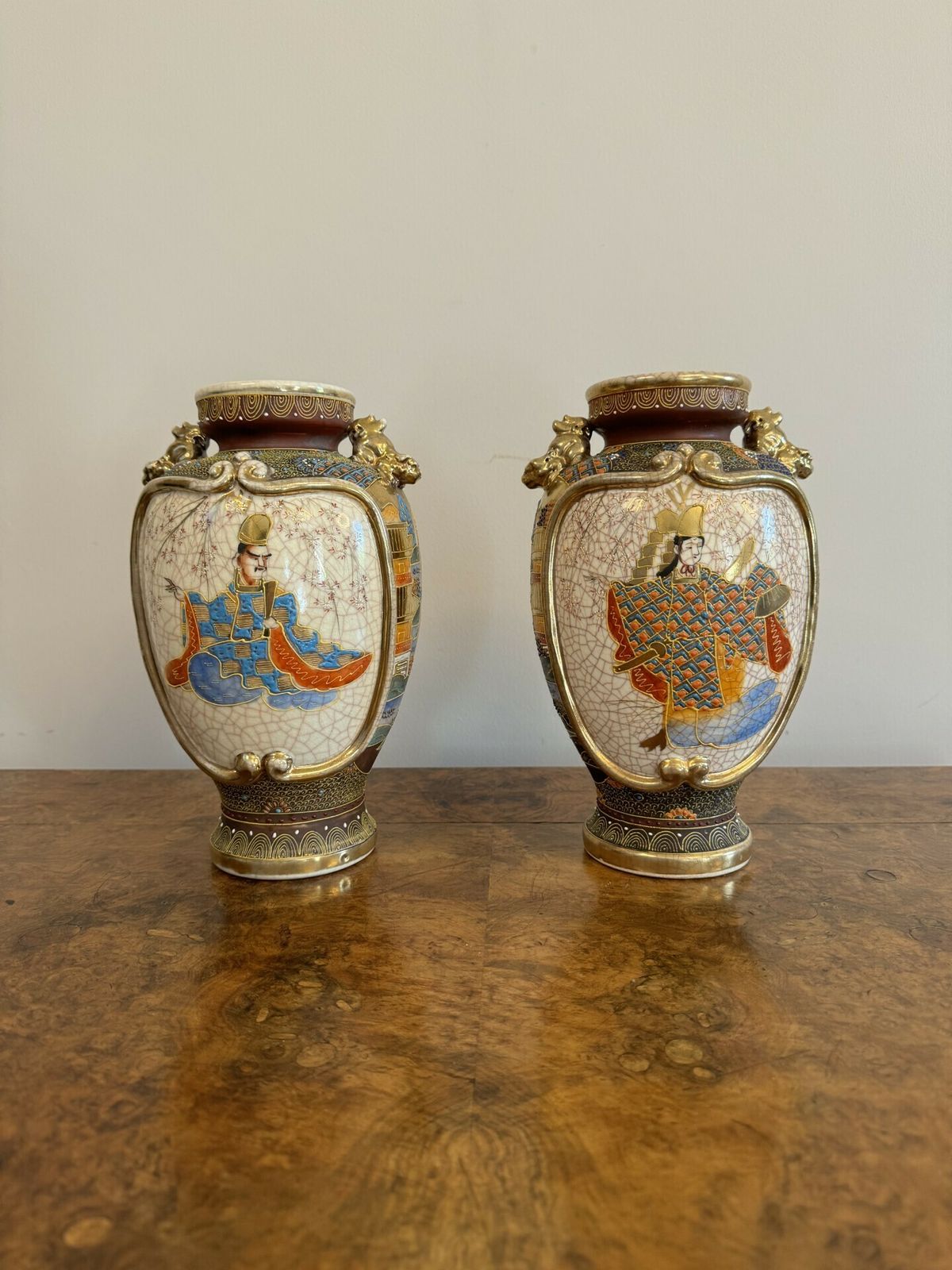 Unusual Pair Of Antique 19th Century Quality Japanese Satsuma Vases photo 950.0