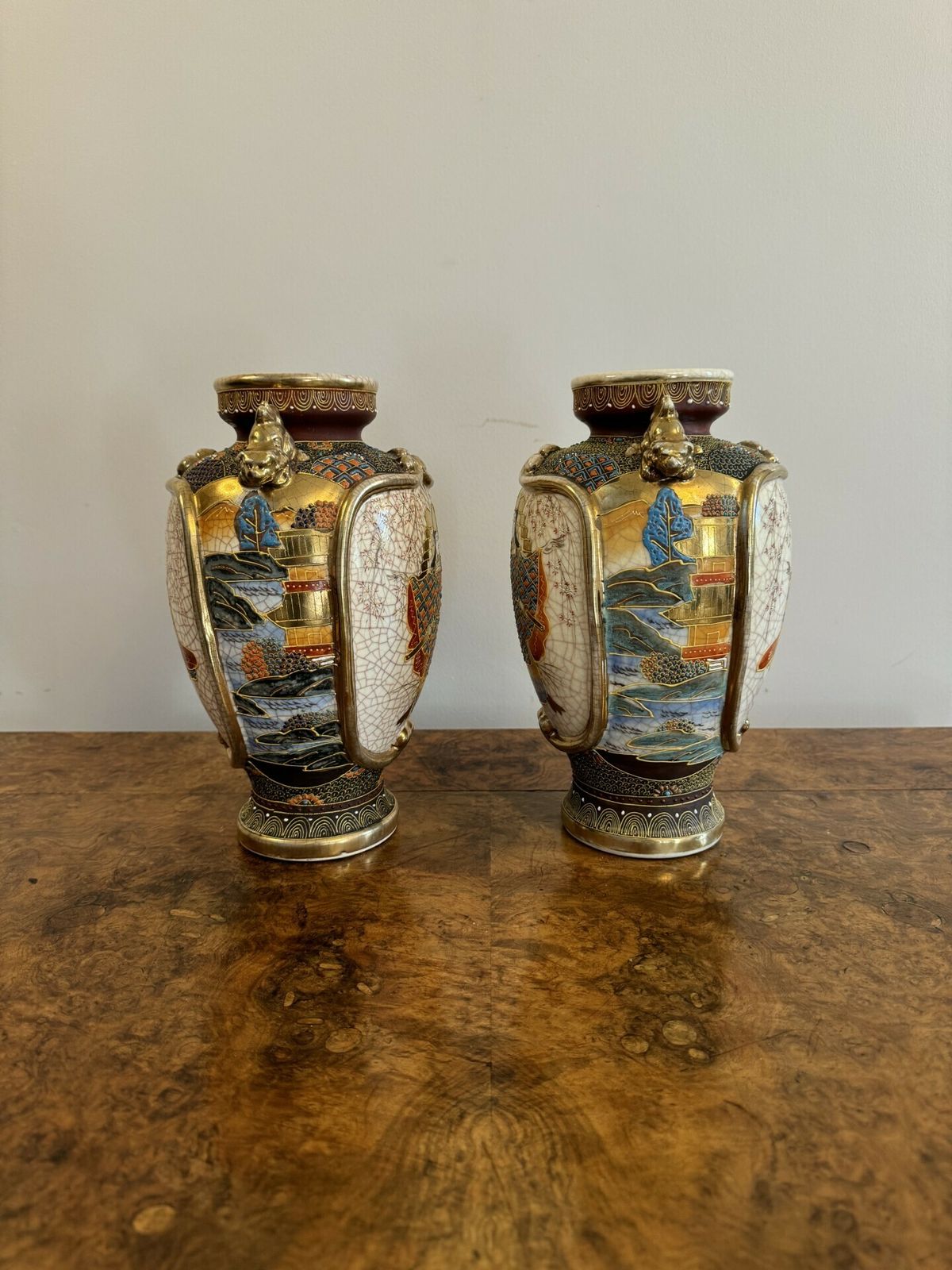 Unusual Pair Of Antique 19th Century Quality Japanese Satsuma Vases photo vintage