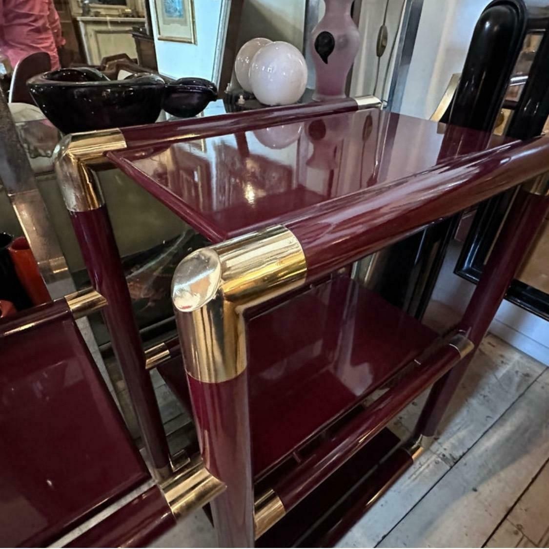 1970s Tommaso Barbi Style Brass And Burgundy Lacquered Wood Huge Italian Console photo for sale