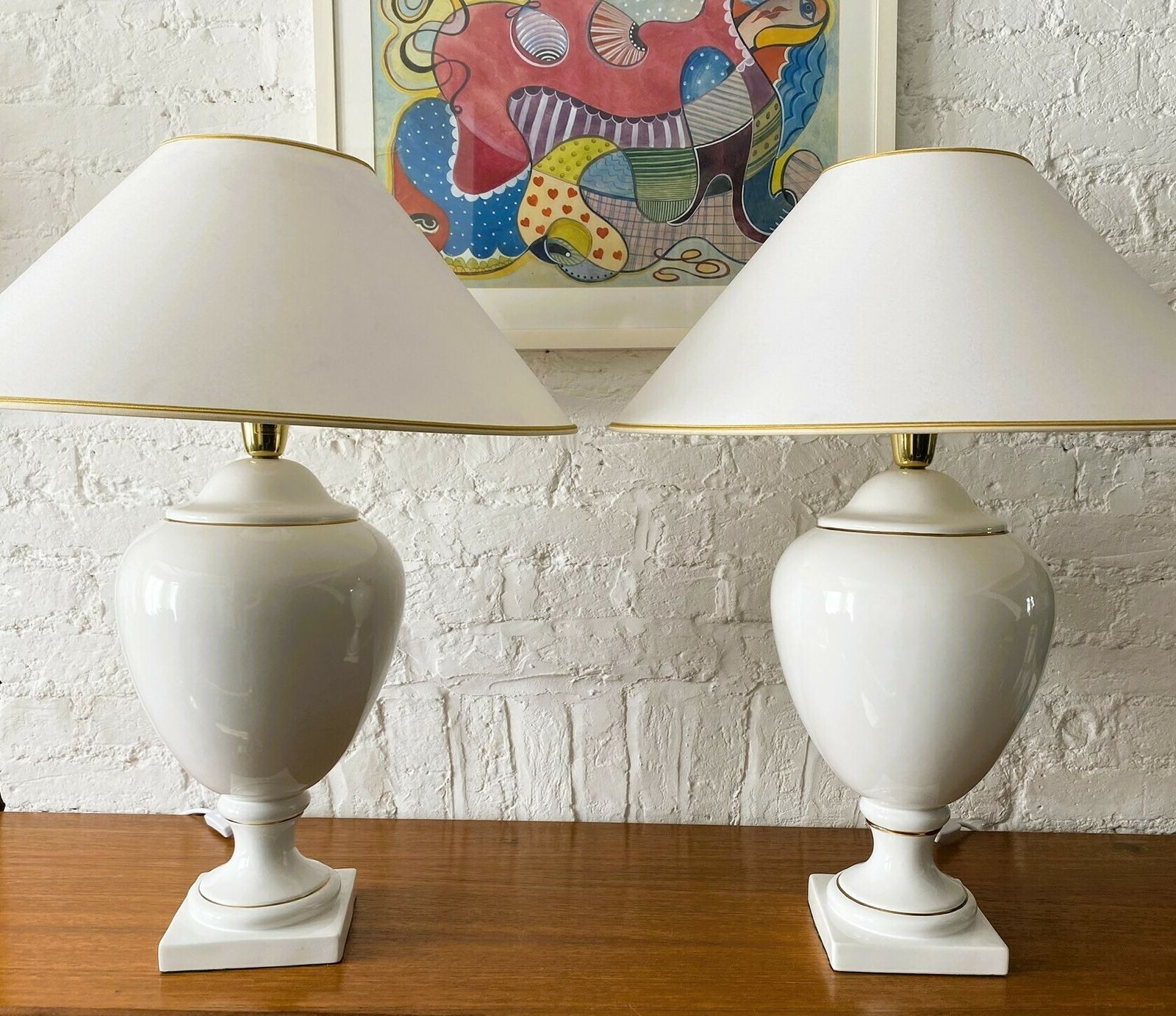 Pair Of White & Gold Ceramic Table Lamps & Shades By Stefano Cevoli, Italian, 1980s photo Lighting