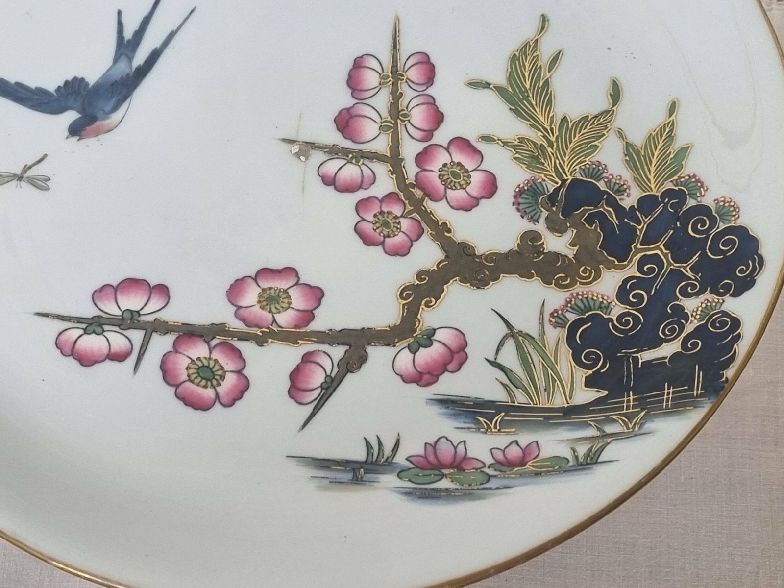 photo for sale Antique Chinoiserie Cake Stand | Hand Painted Cherry Blossom Bird Porcelain Pedestal Plate | Gold Trim Asian Tazza Serving Platter