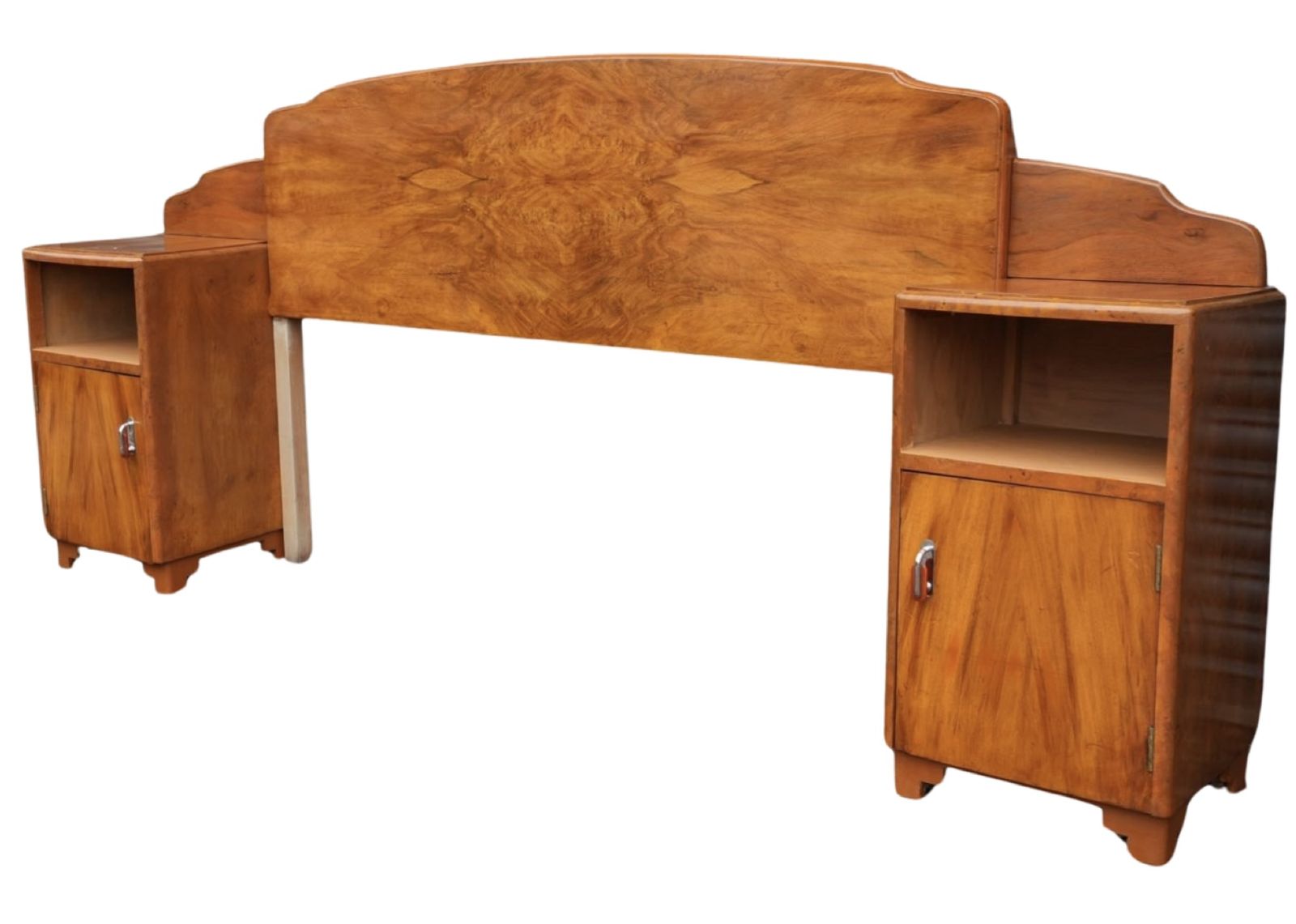 Art Deco Walnut Headboard And Attached Matching Bedside Cabinets photo for sale