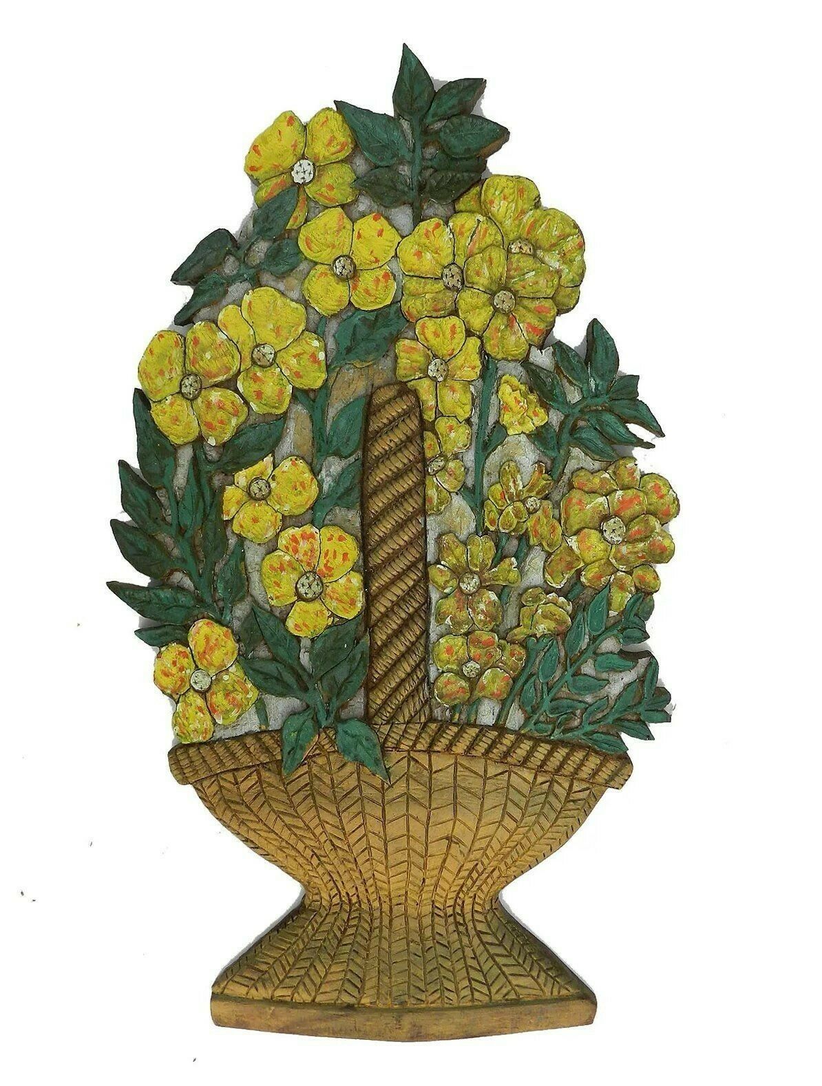 Art Deco Carved Wood Wall Placque Flower Basket French Signed photo furniture