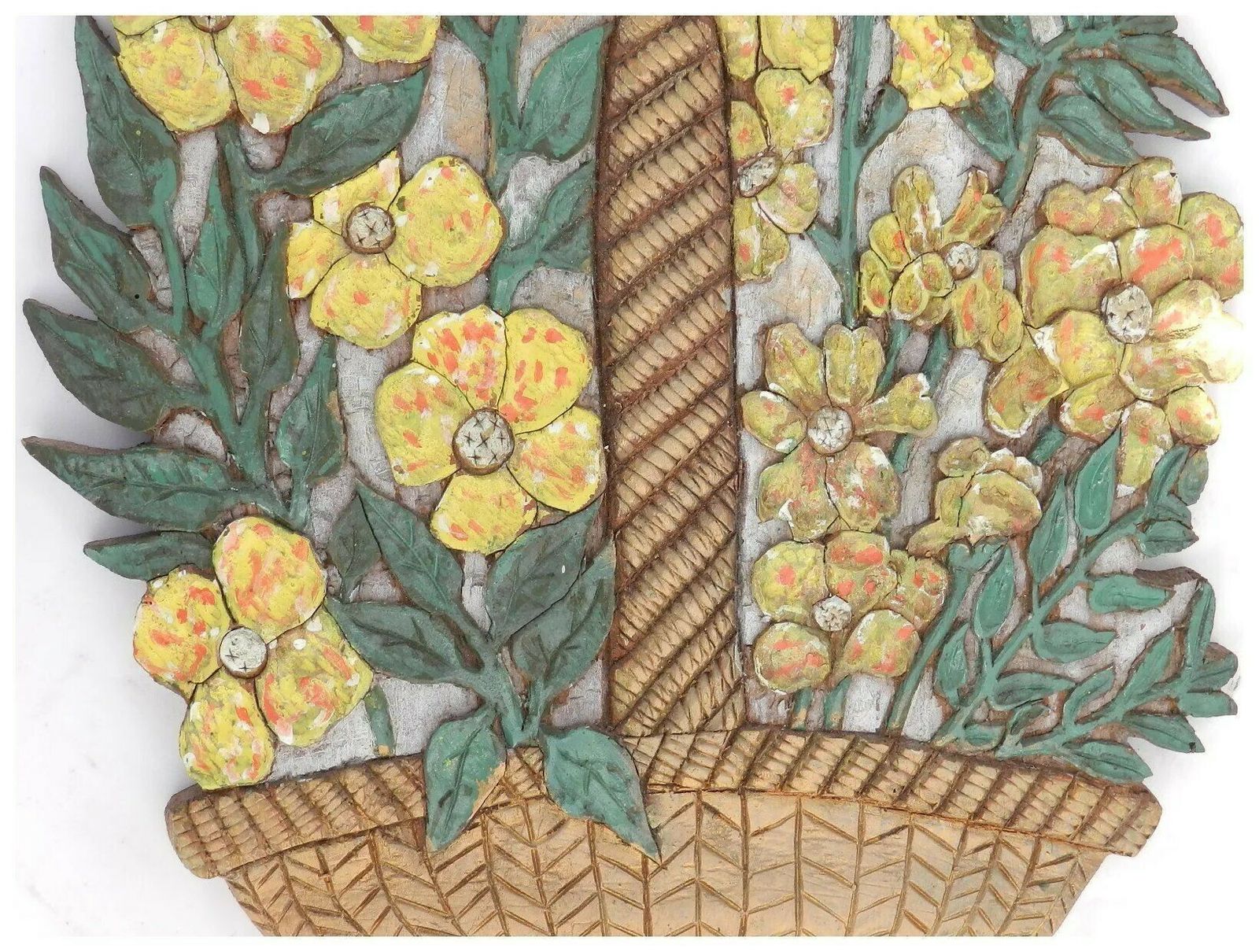 Art Deco Carved Wood Wall Placque Flower Basket French Signed photo vintage