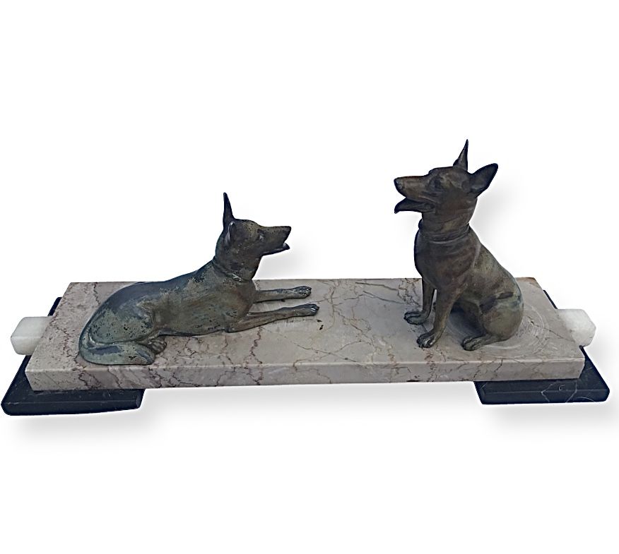 Gorgeous Art Deco Cold Painted Spelter Alsatians Seated On A Marble Base photo furniture