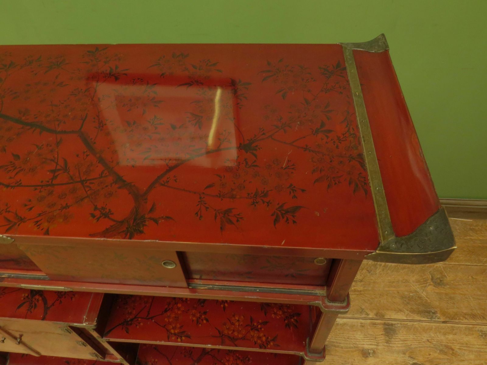 Japanese Red Lacquered Shodana Cabinet With Cherry Blossoms C1880 photo 895.0