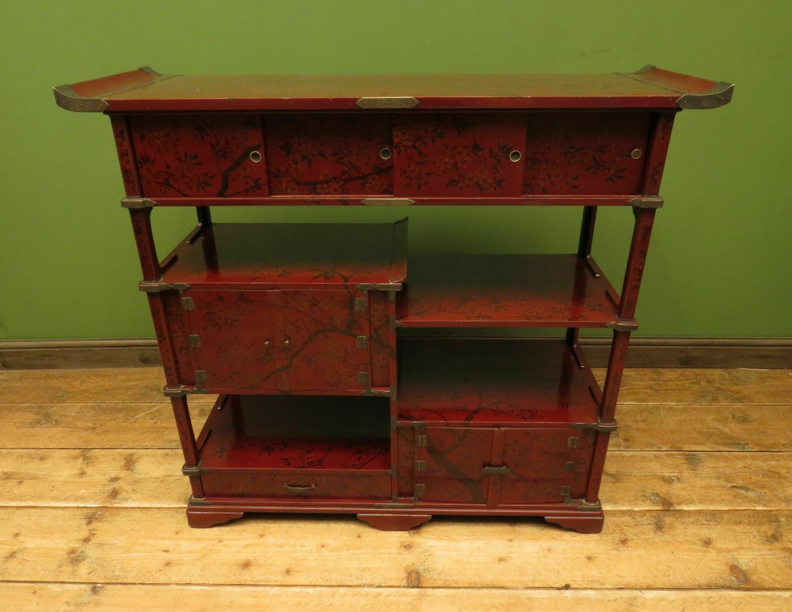 895.0 Japanese Red Lacquered Shodana Cabinet With Cherry Blossoms C1880 photo