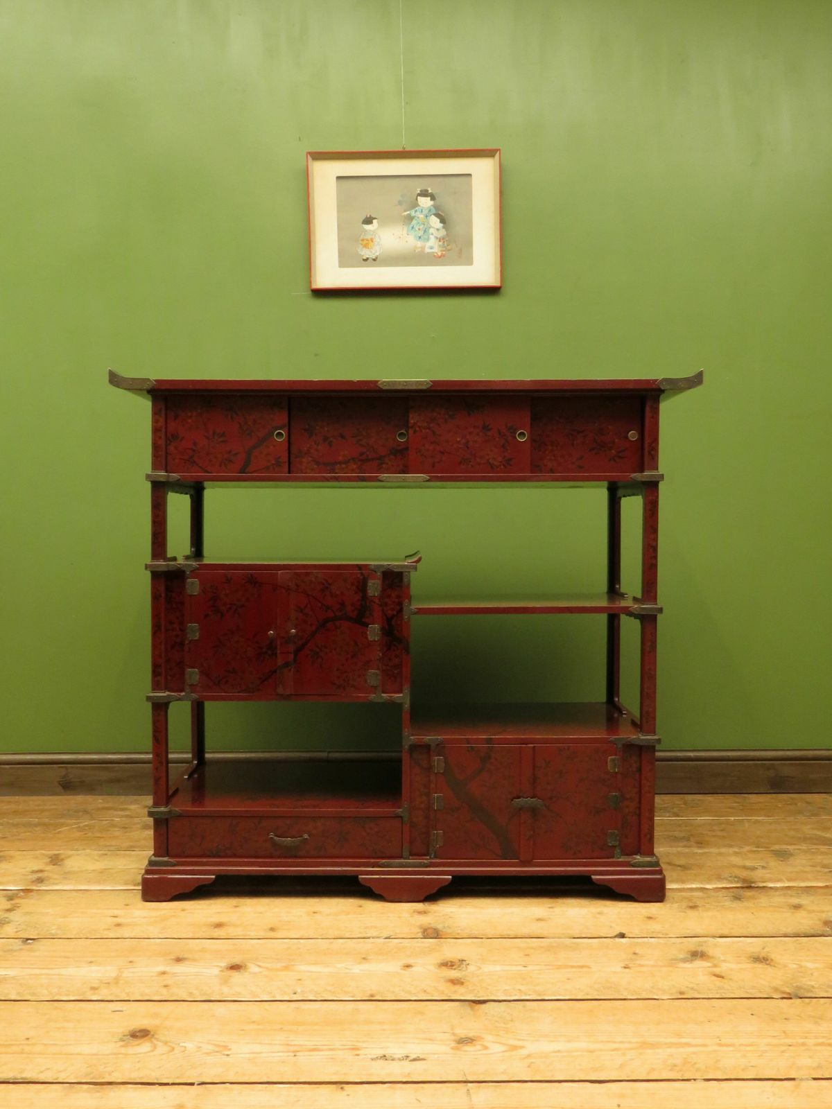 photo vintage Japanese Red Lacquered Shodana Cabinet With Cherry Blossoms C1880