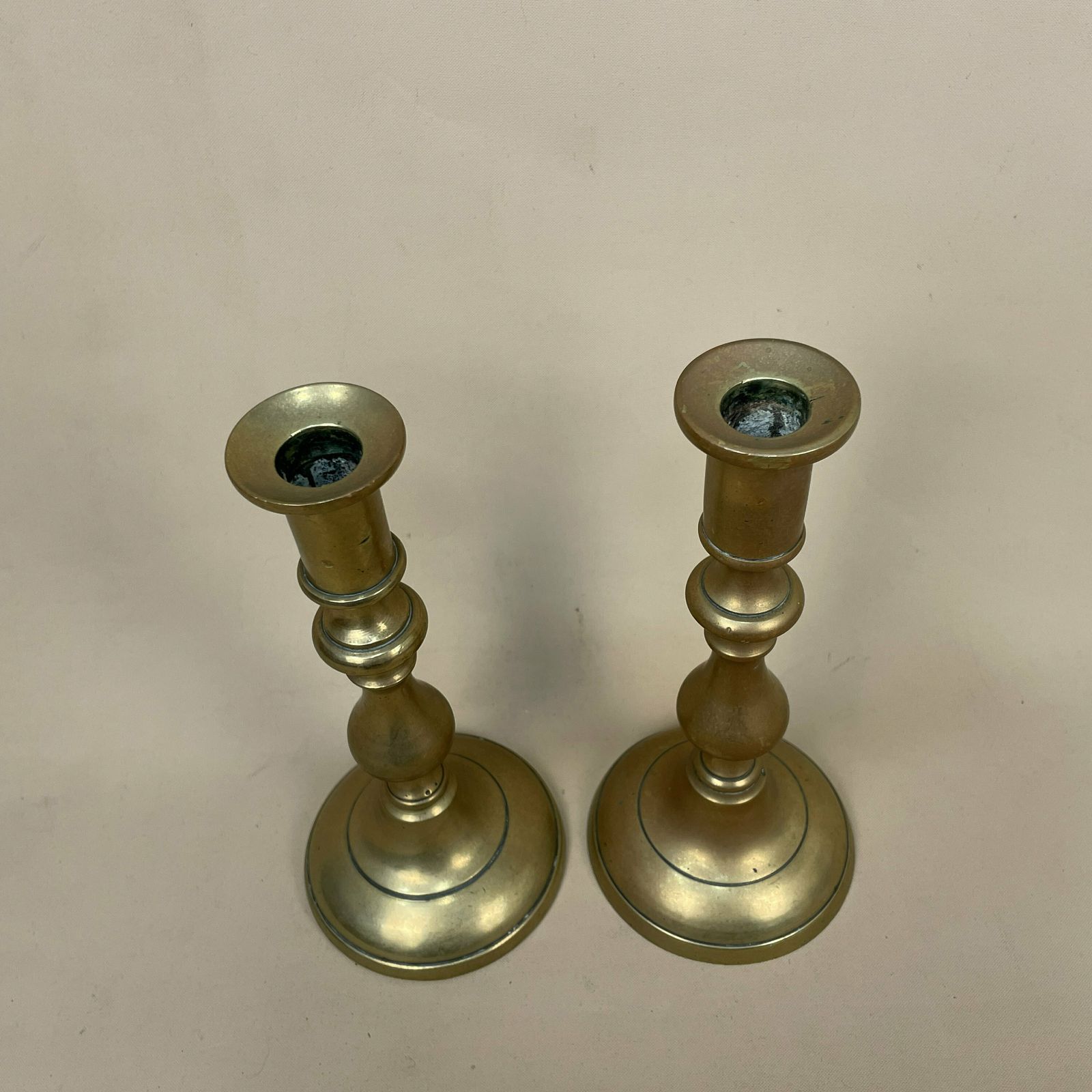 Antique Matching Pair Of Gold Brass Metal Candlestick Candle Stick Vintage Column Taper Dinner Candlesticks Round Base Column Pillar photo for sale