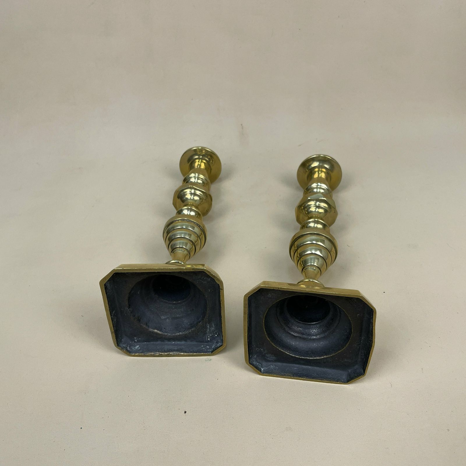 Antique Matching Pair Of Gold Brass Metal Candlestick Candle Stick Vintage Column Taper Dinner Candlesticks Square Base Column Pillar photo vintage